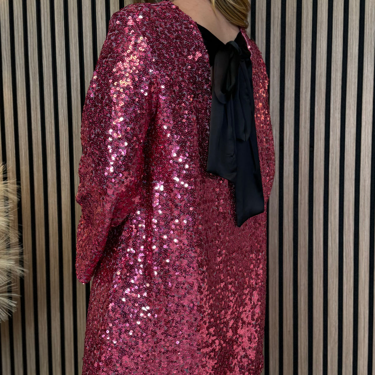 Nikita Pink Sequin With Black Bow Detail Mini Dress – Get That Trend