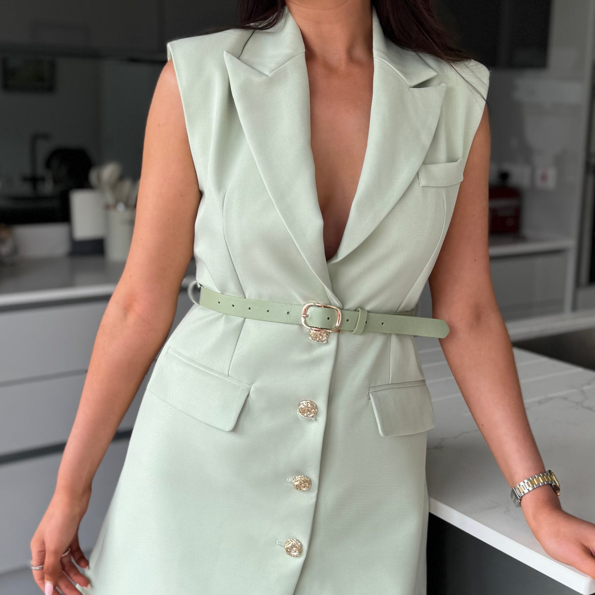green blazer dress Maxi - She-E-O, Small Ellae Lisque - Sophisticated Dress for Corporate Events & Business Functions covered buttons that add a touch of elegance to the ensemble Luxe Stain Breasted Asymmetric Blazer