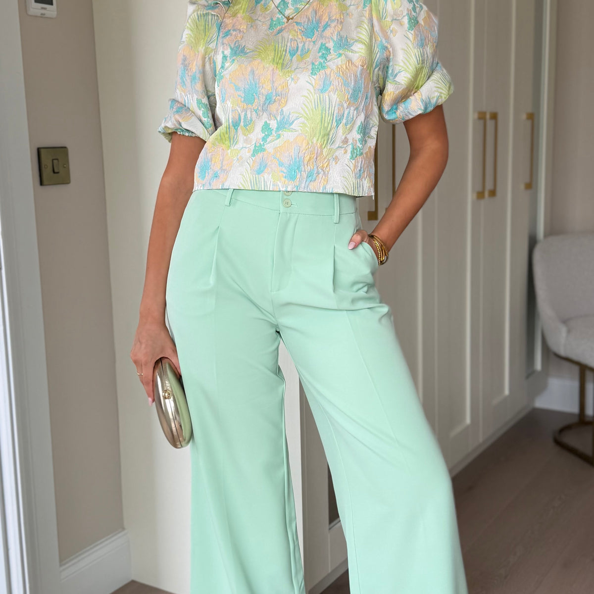 Ashton Mint Green Wide Leg Flare Detail Trousers – Get That Trend display picture 1