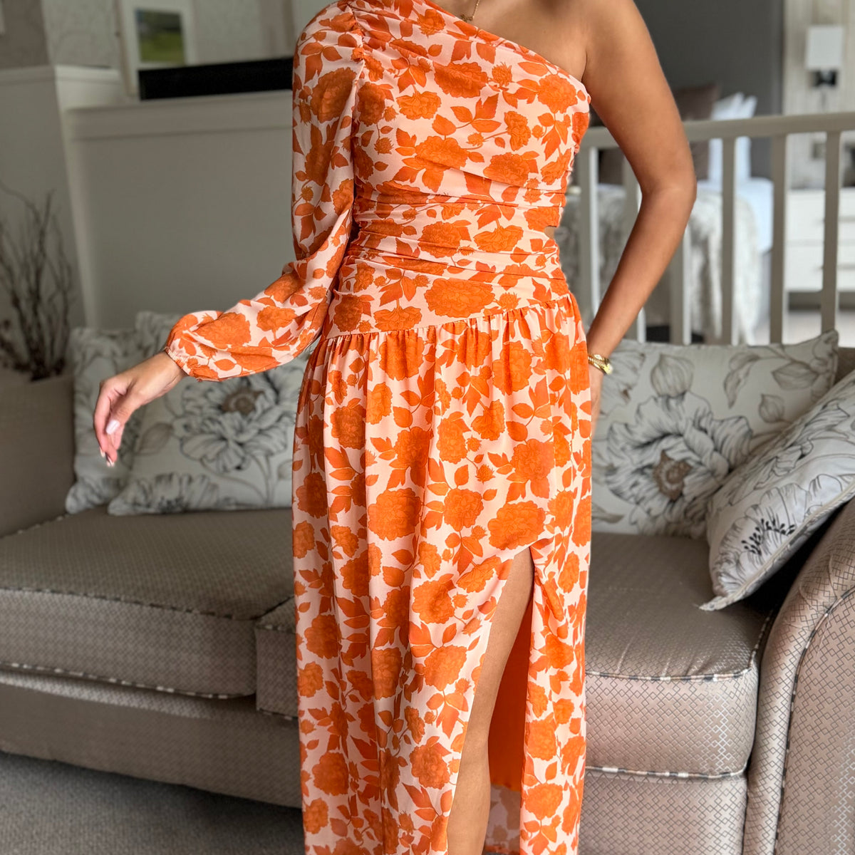 Parker Orange Floral Printed One Shoulder Ruched Midi Dress – Get That Trend