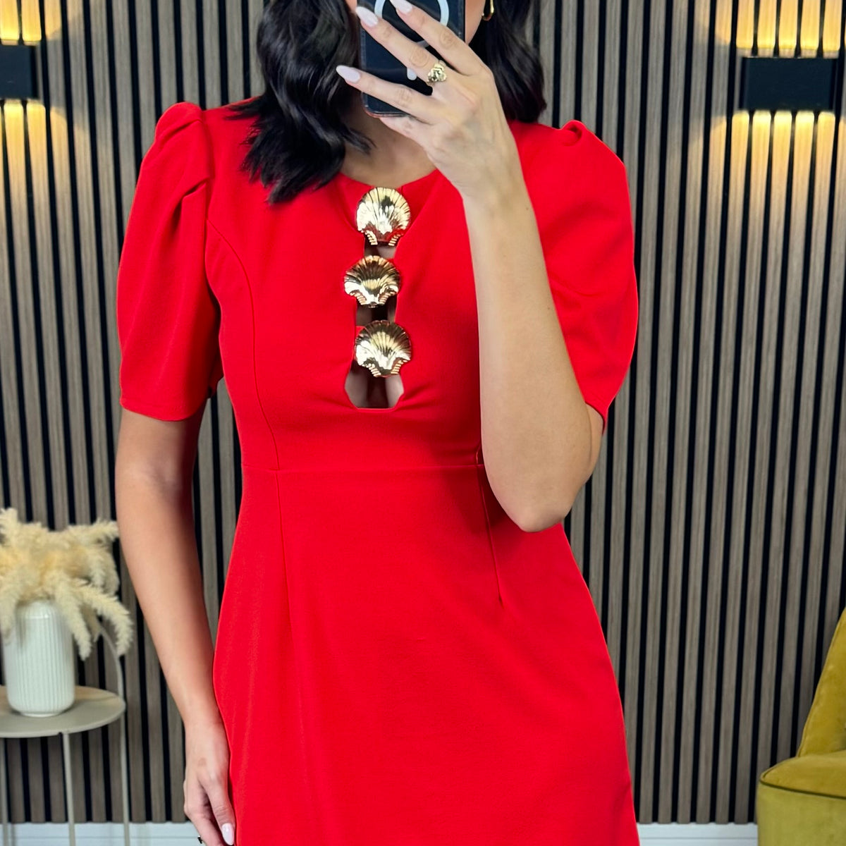 Luciana Red Puff Sleeve Seashell Detail Mini Dress – Get That Trend