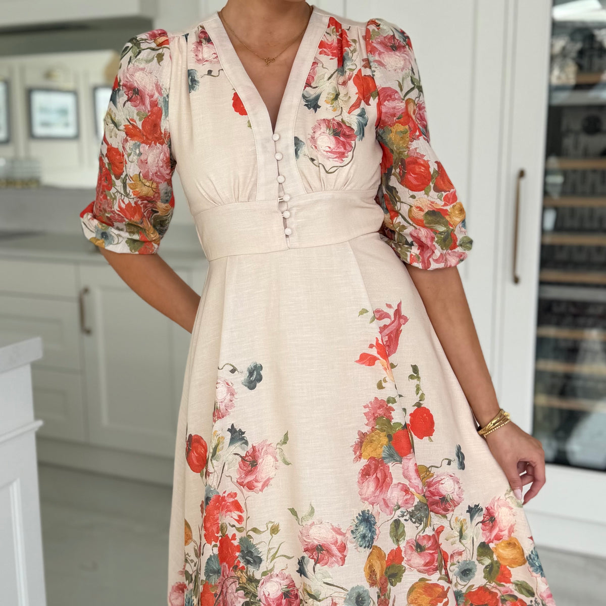 Selene Beige & Red Floral Long Sleeve Midi Dress – Get That Trend