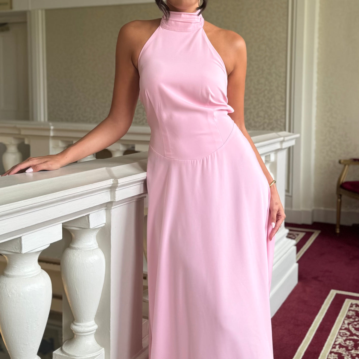 high neck backless midaxi dress in pink Haisley Pink Halterneck Tie Detail Midaxi Dress – Get That Trend