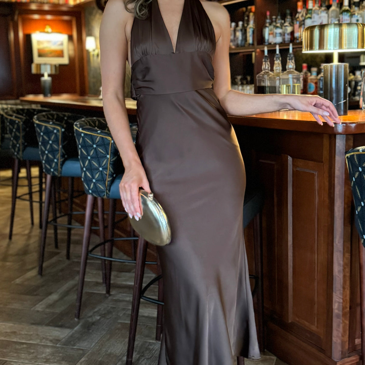 Keeva Brown Satin Halter Neck Backless Midi Dress Get That Trend Keeva Brown Satin Halter Neck Backless Midi Dress Get That Trend