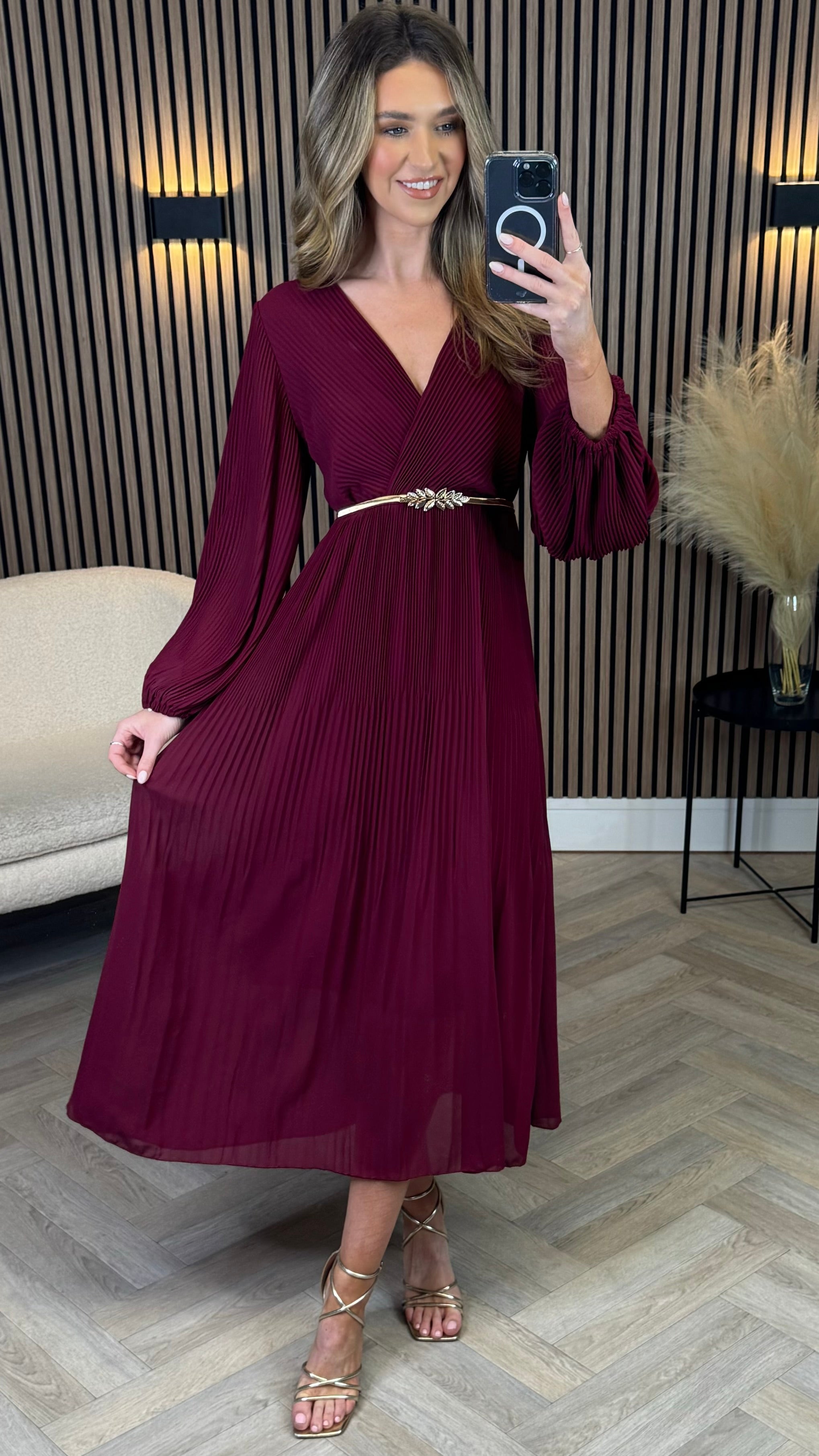 Denali Burgundy Long Sleeve Pleated Midi Dress Get That Trend