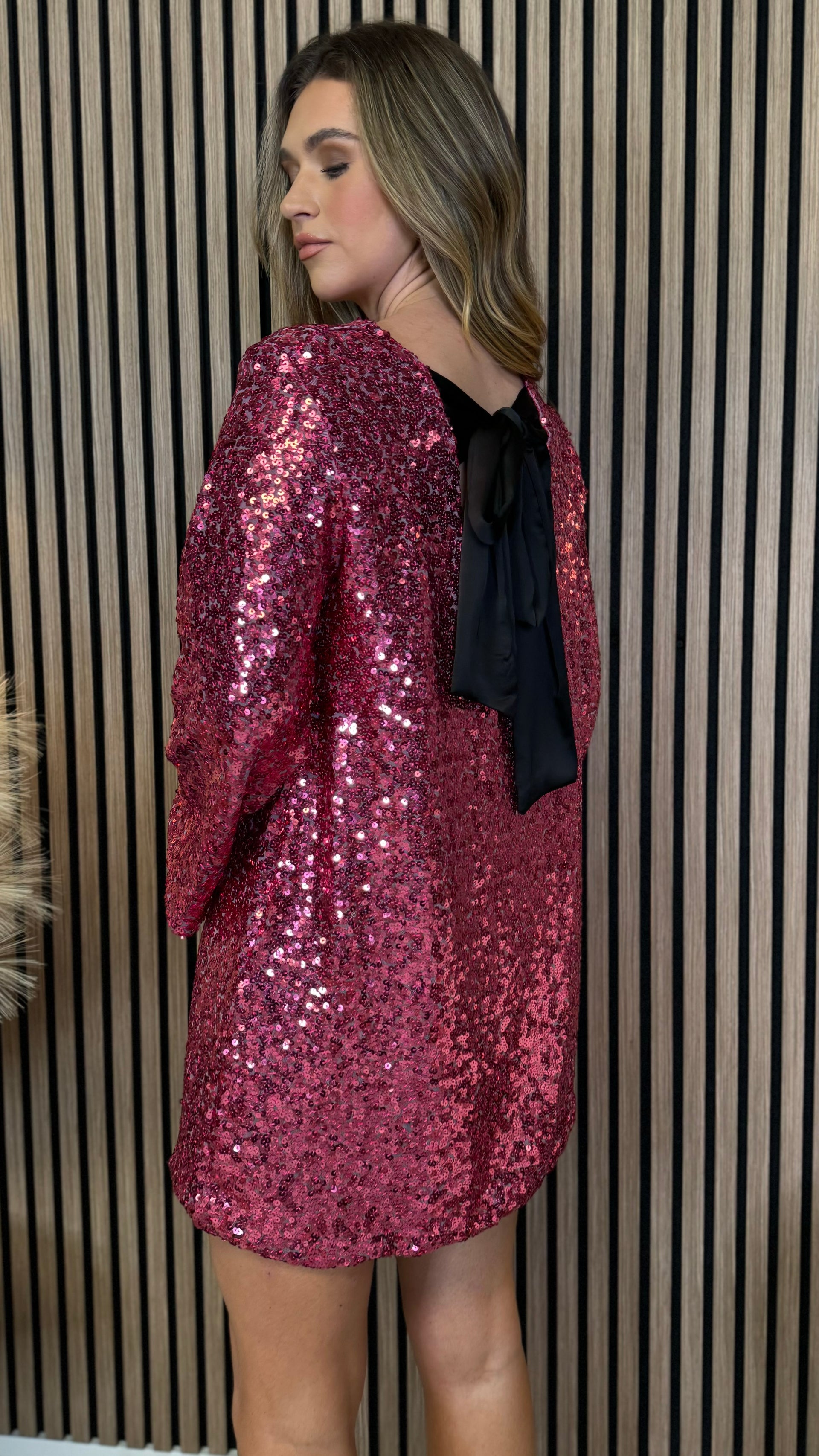 sequin dress with black tights Nikita Pink Sequin With Black Bow Detail Mini Dress – Get That Trend