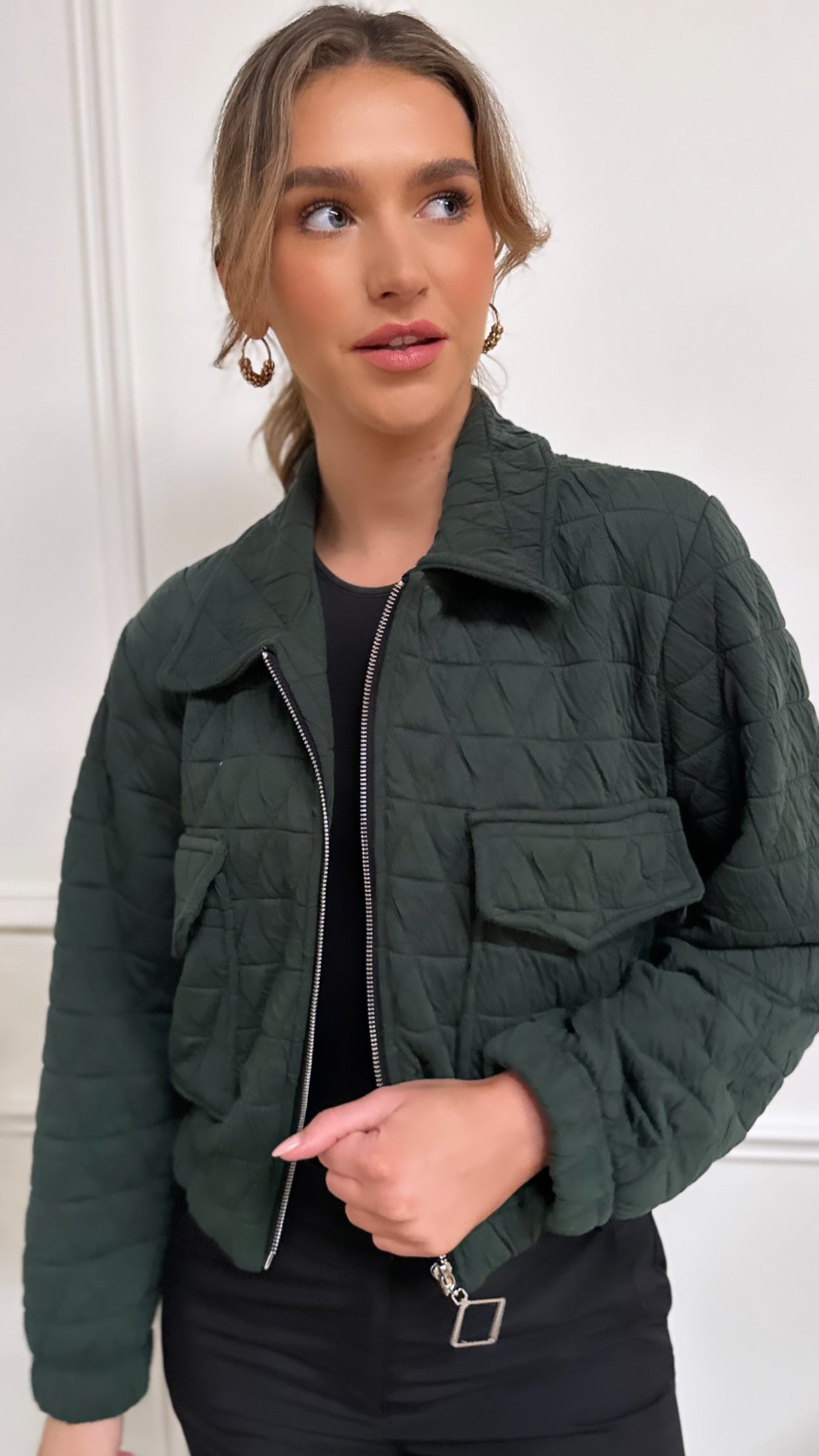 Green quilted bomber jacket womens sale