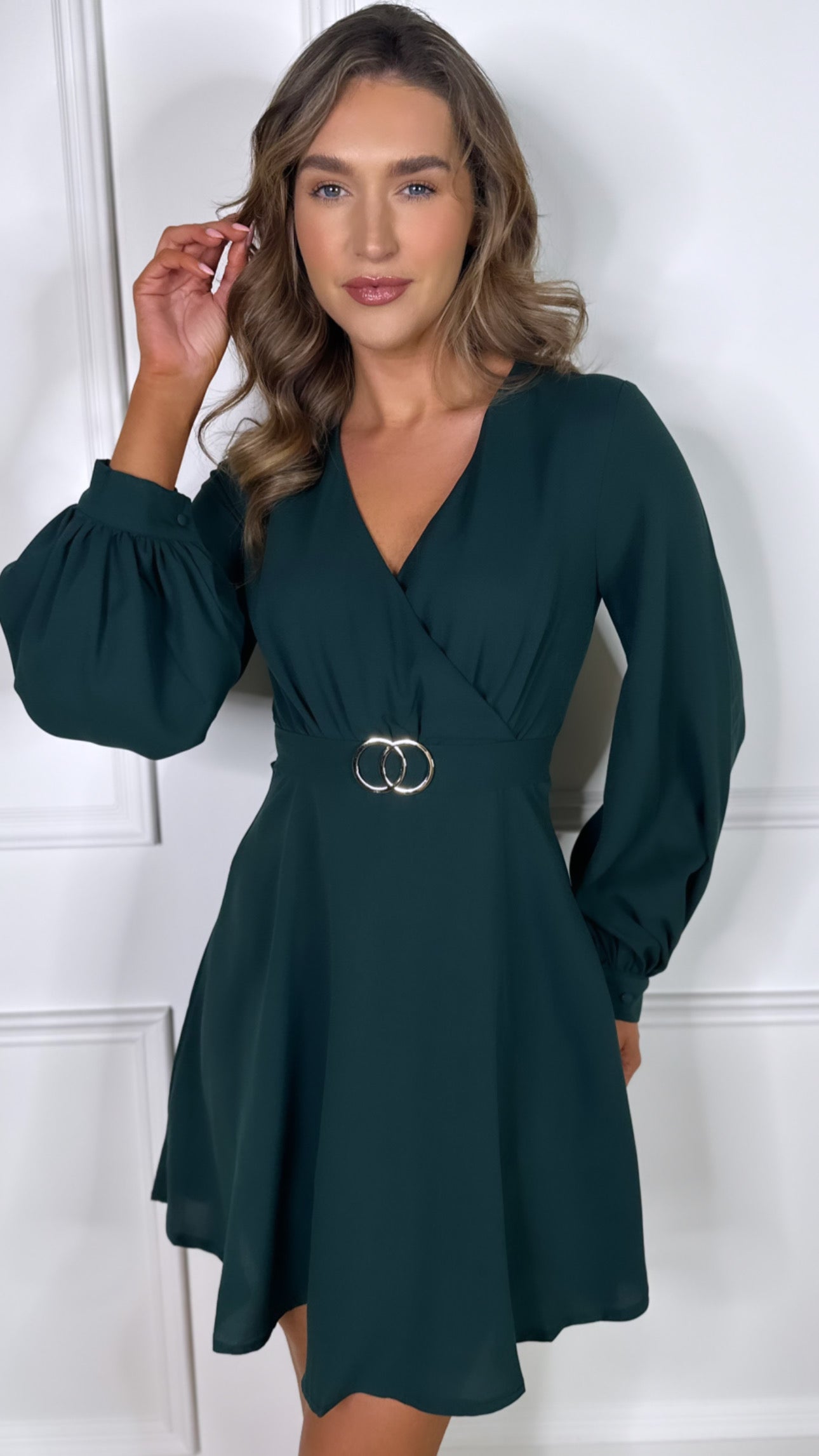 Green long shop sleeve skater dress