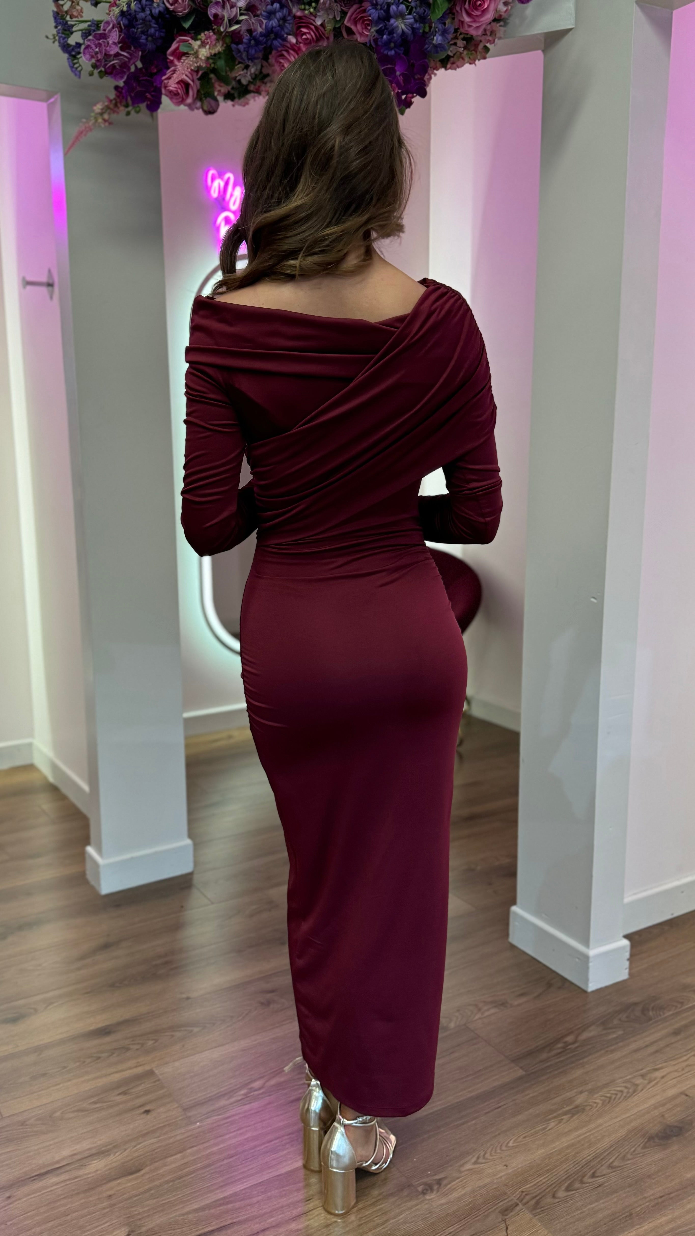 Sheridan Burgundy Off Shoulder Wrap Effect Midi Dress – Get That Trend