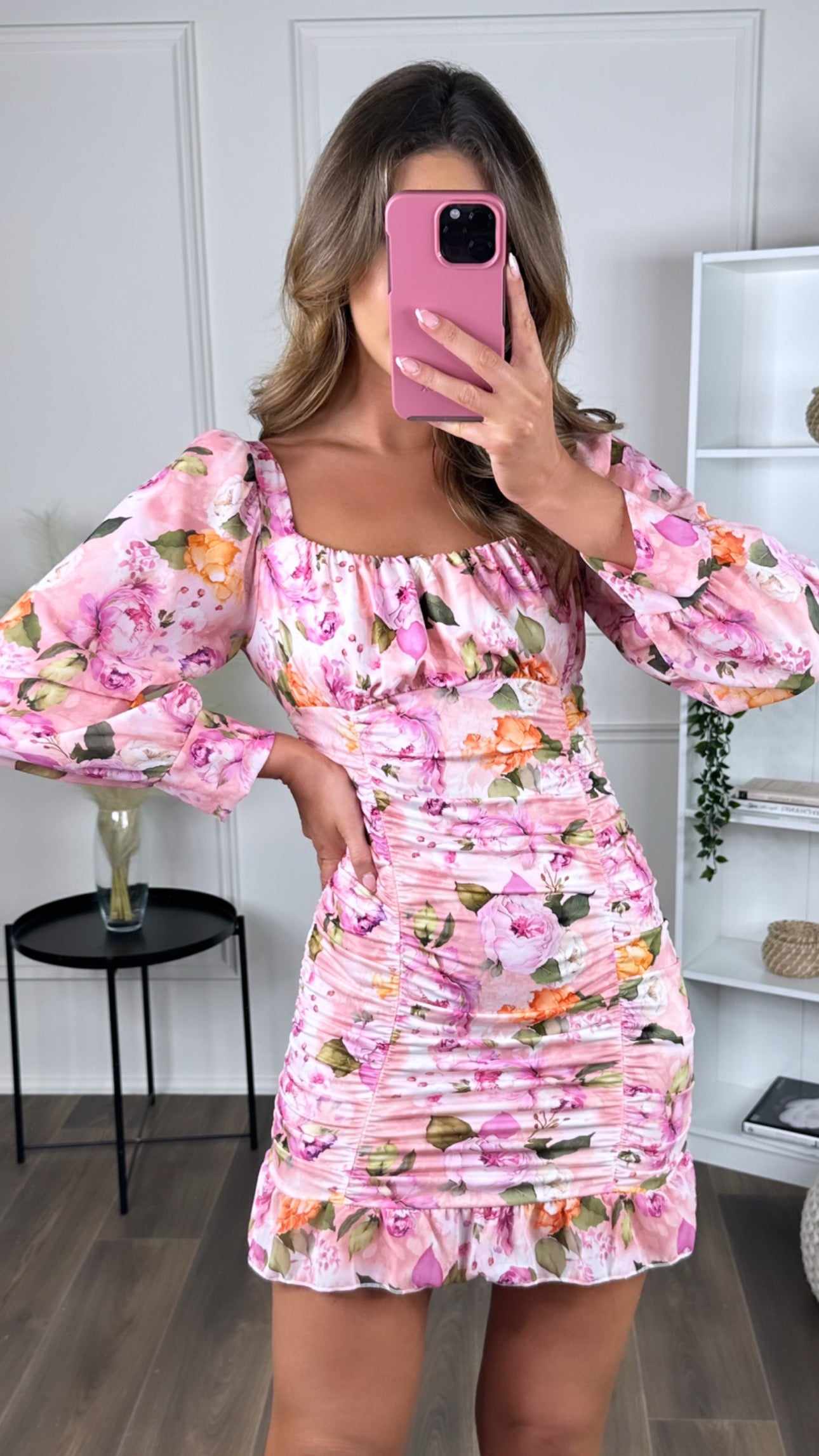 Annalie Pink Floral Ruched Detail Mini Dress – Get That Trend