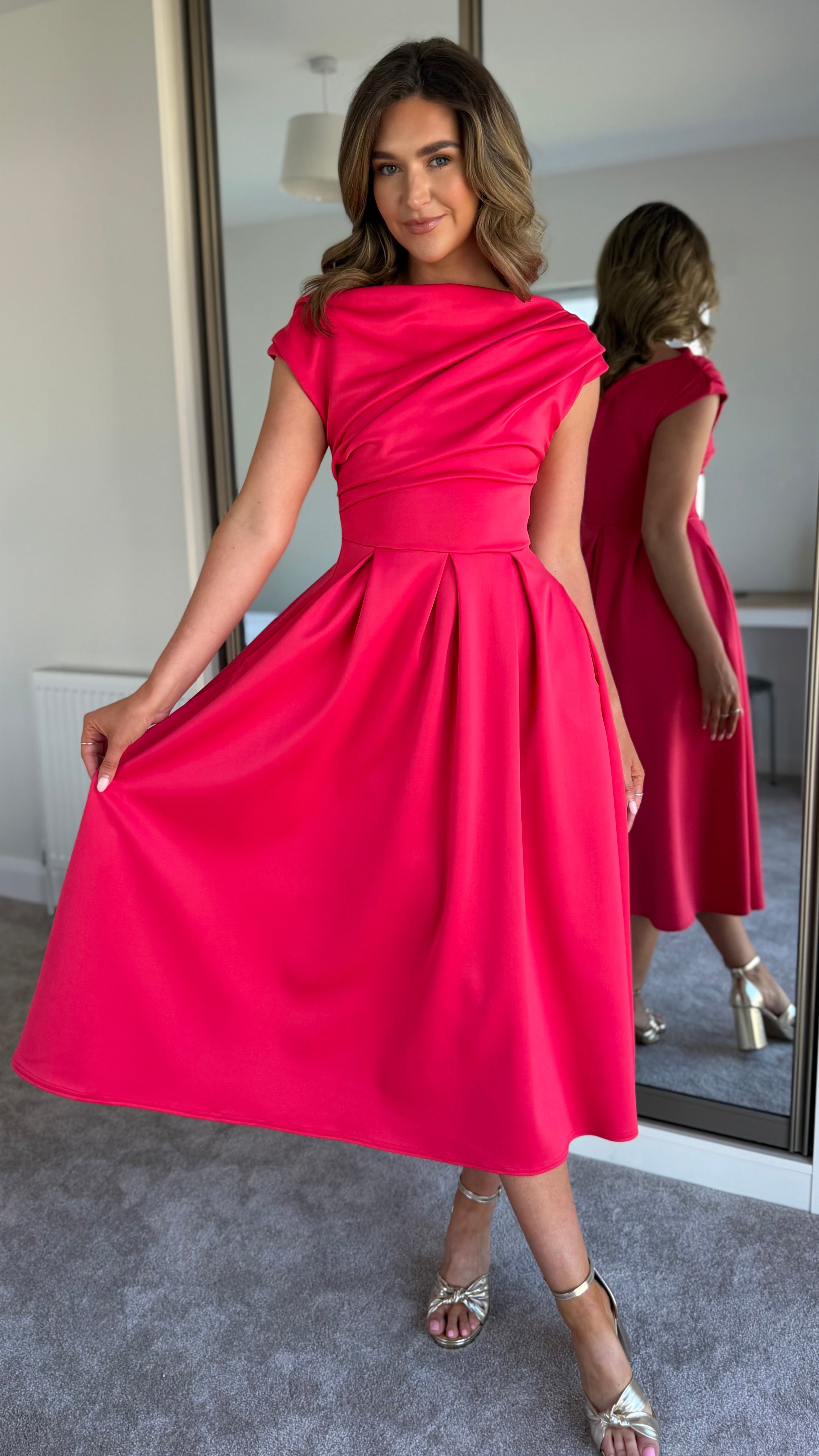 Jezebel Coral Asymmetric Neck Skater Dress – Get That Trend