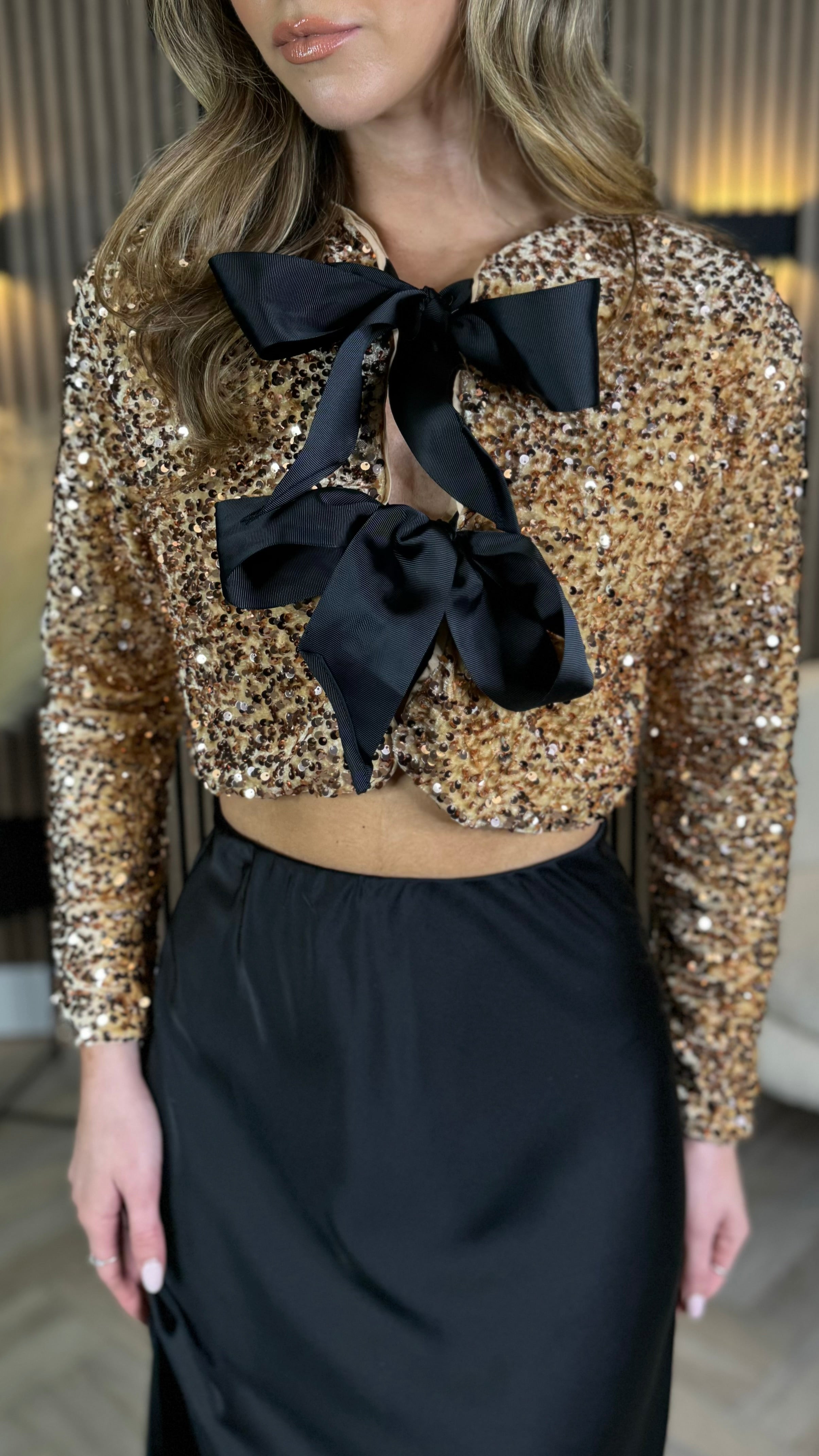 Tahlia Gold Sequin With Black Bow Detail Top Get That Trend