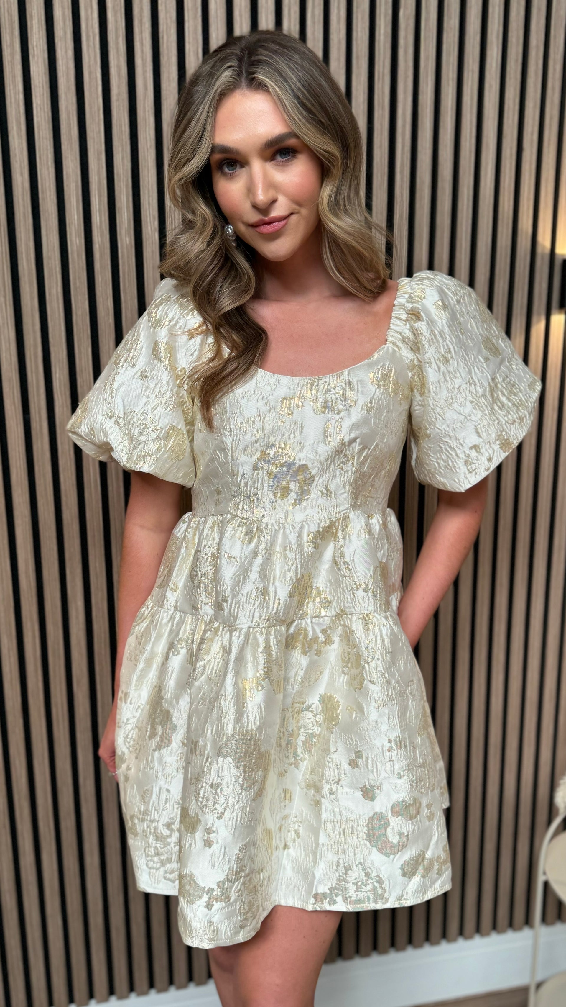 Laurina Gold & Beige Puff Sleeve Mini Dress – Get That Trend