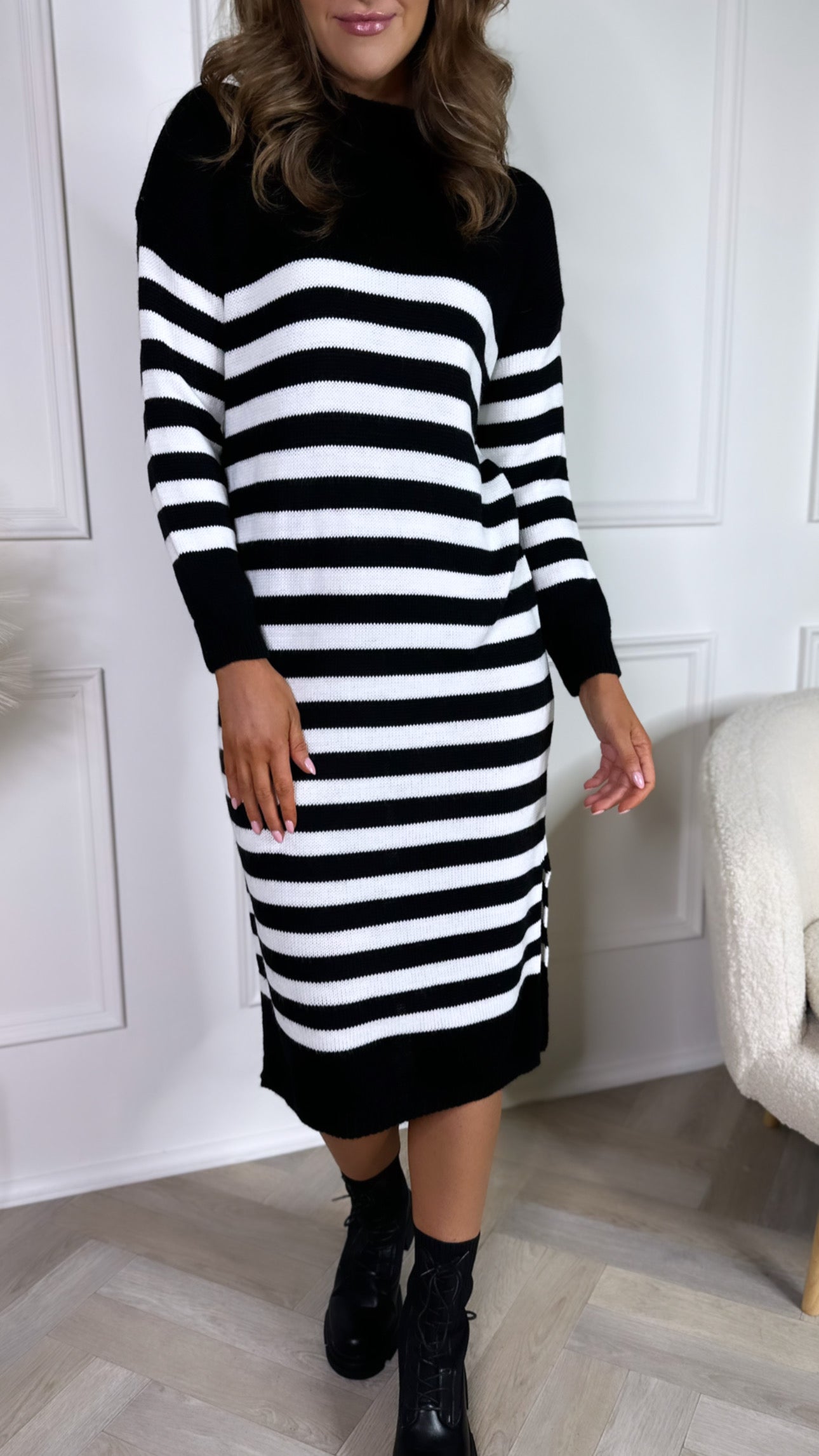 Black and white outlet striped knit dress