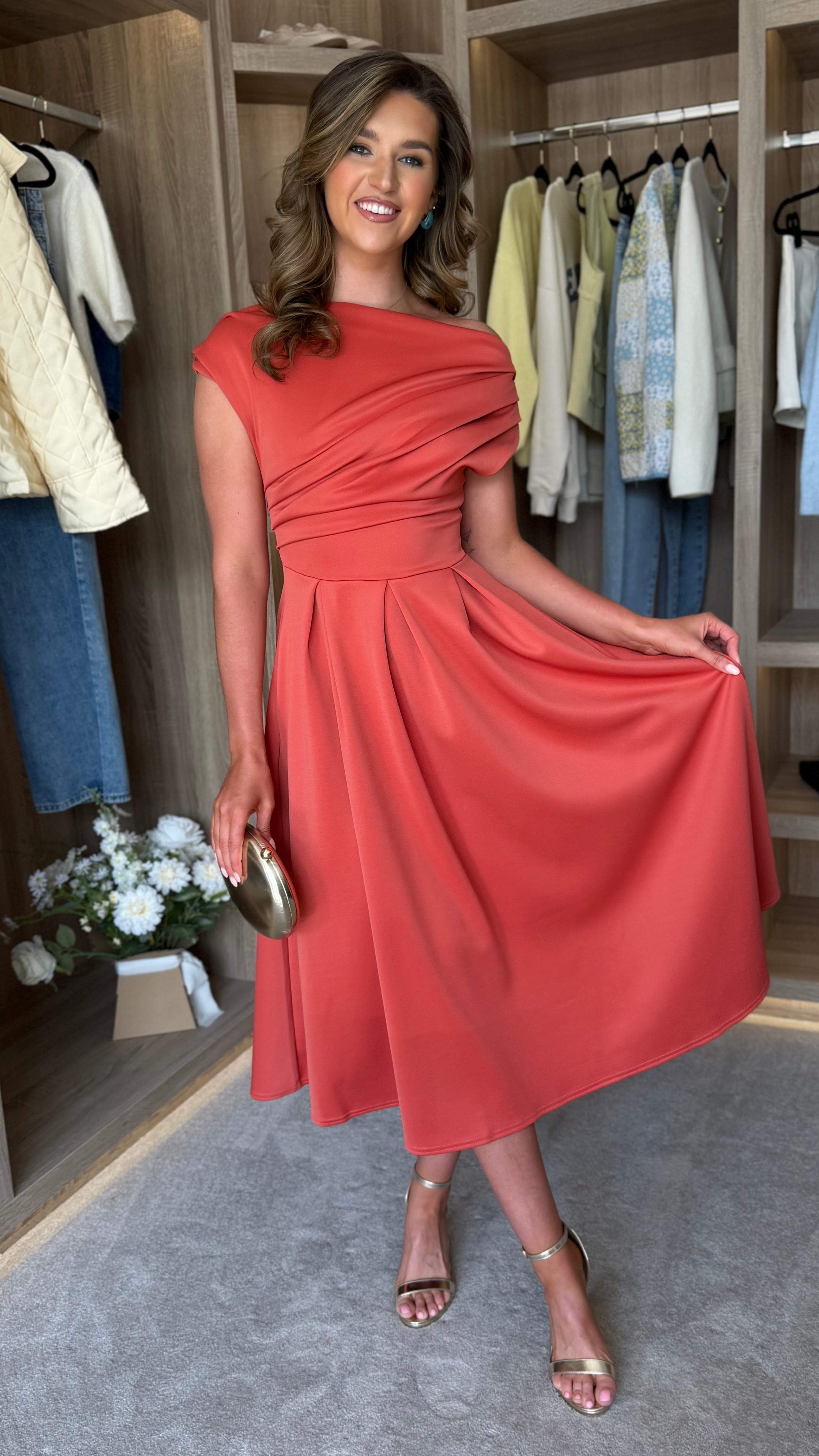 Jezebel Rust Orange Asymmetric Neck Midi Dress – Get That Trend