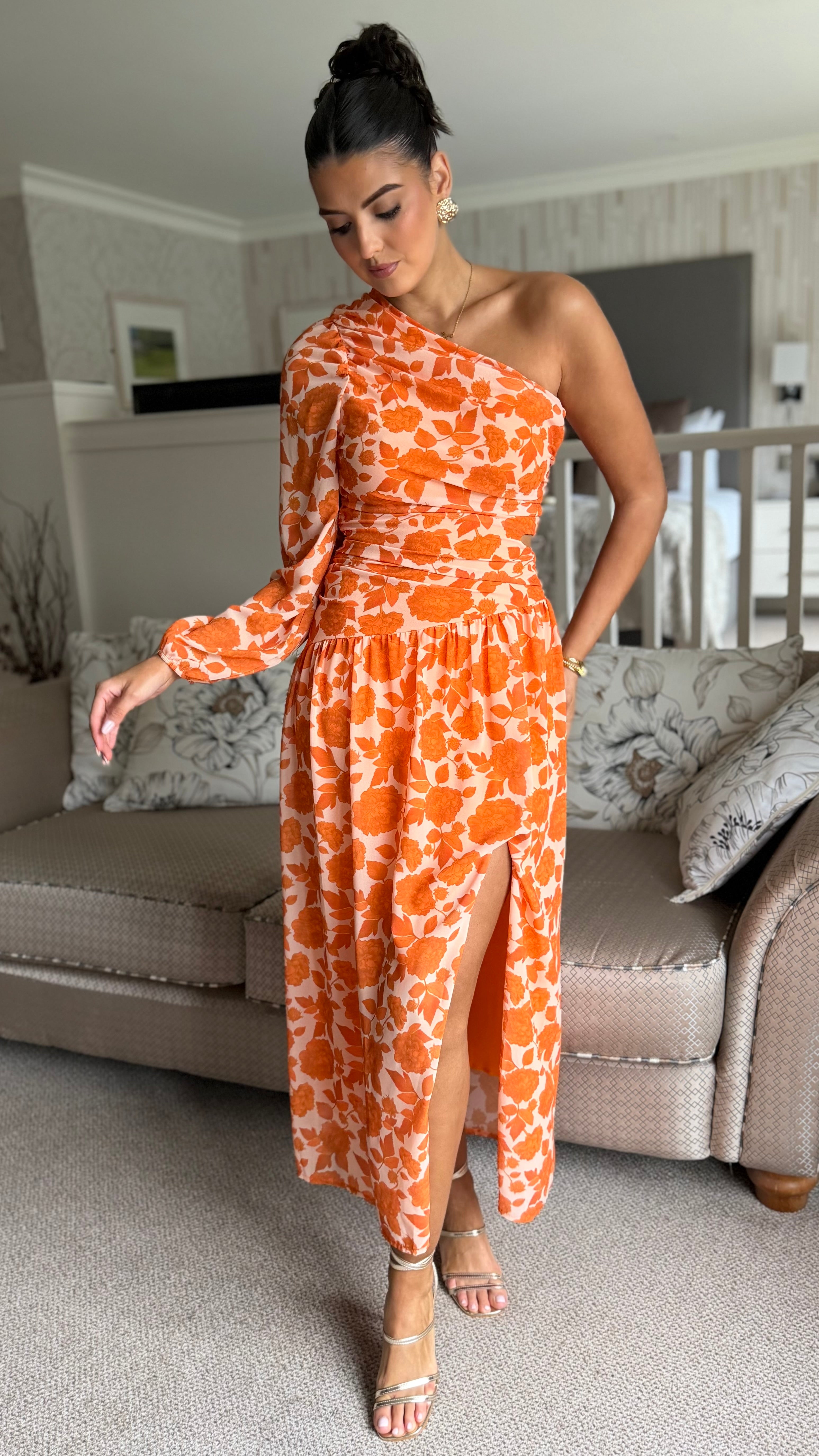 Parker Orange Floral Printed One Shoulder Ruched Midi Dress Get That Trend Parker Orange Floral Printed One Shoulder Ruched Midi Dress Get That Trend