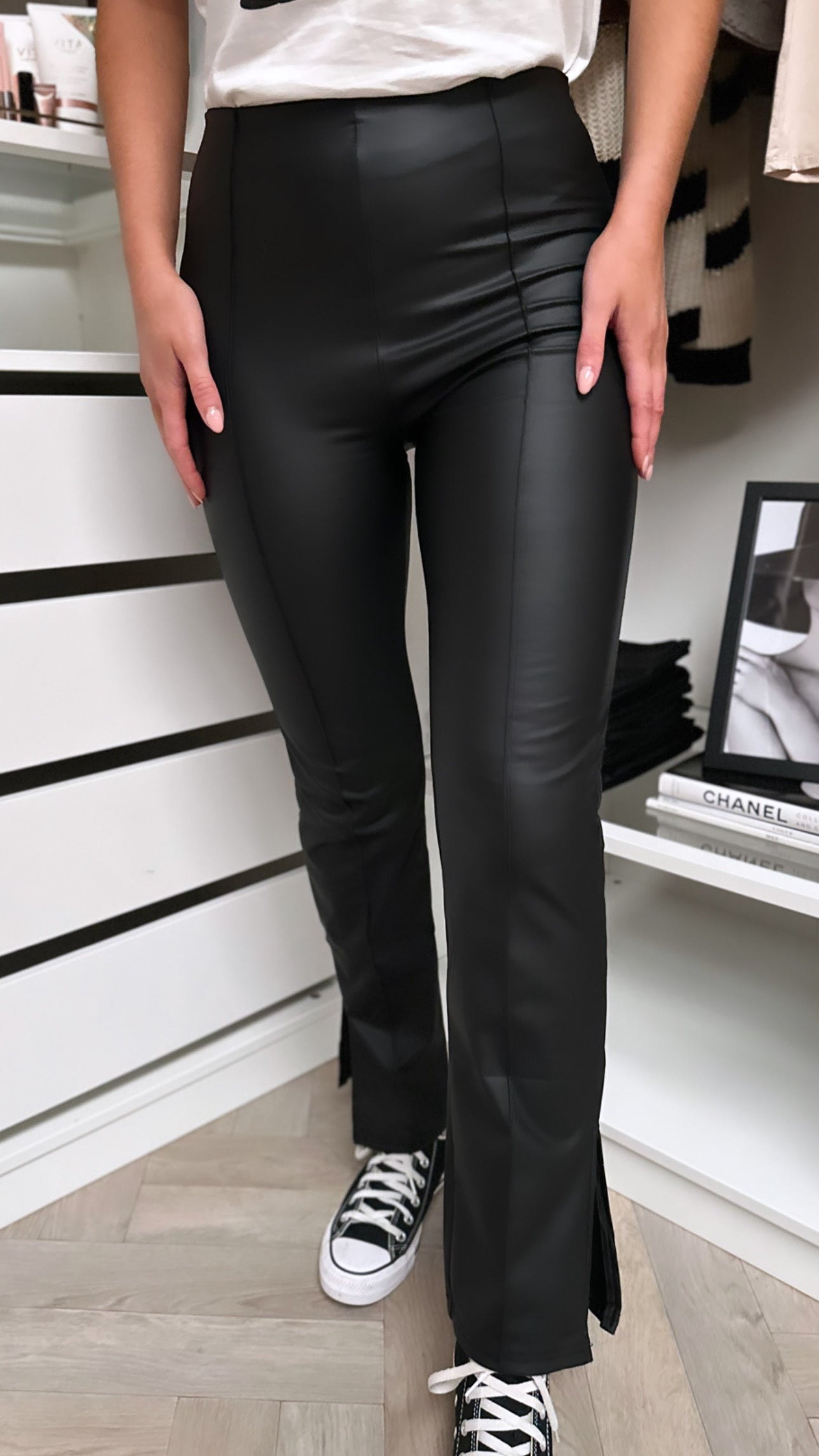 ASOS DESIGN 90's straight leg leather look pant in black | ASOS