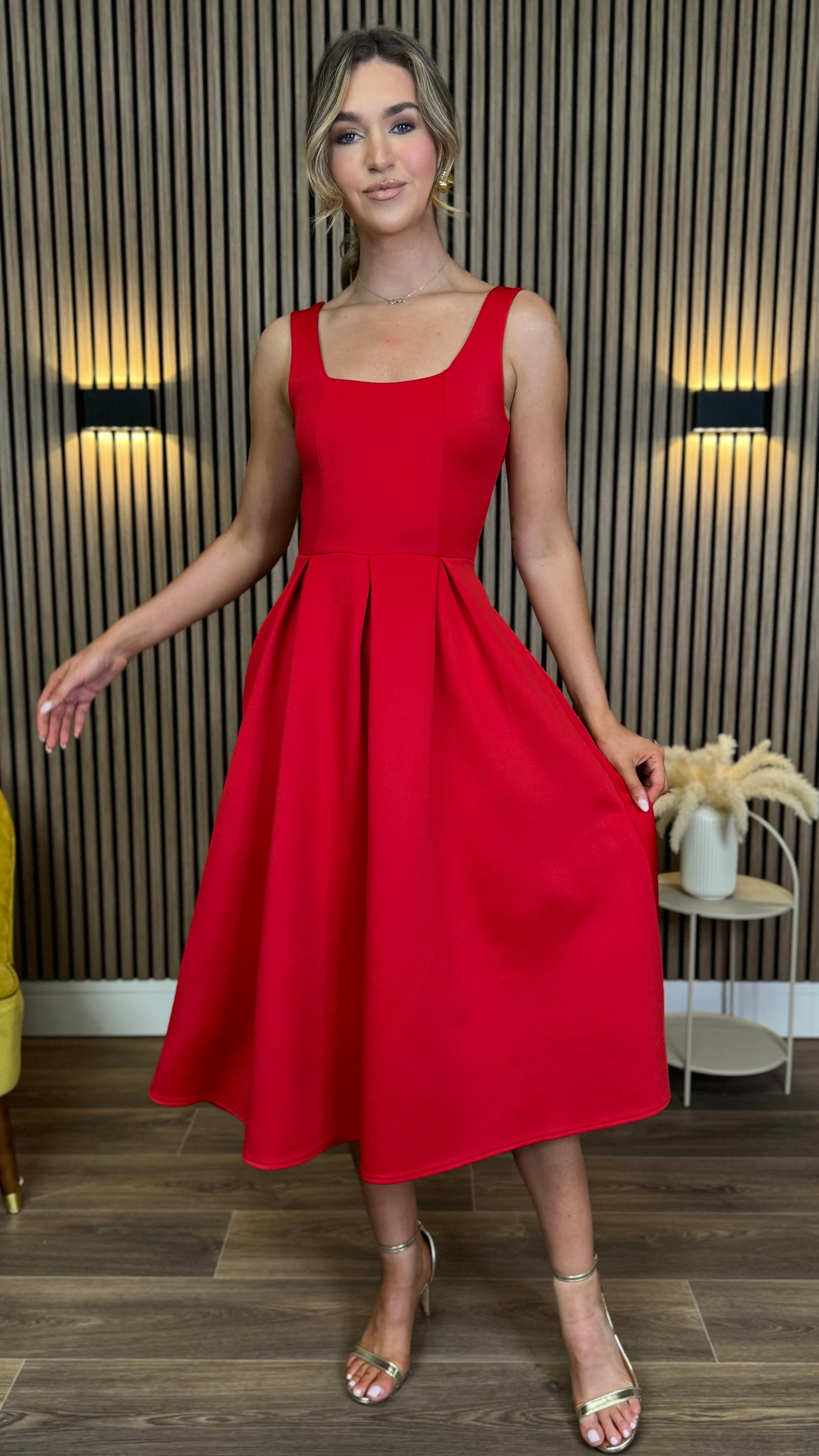 red midi occasion dress Lennox Red Pocketed Midi Dress – Get That Trend