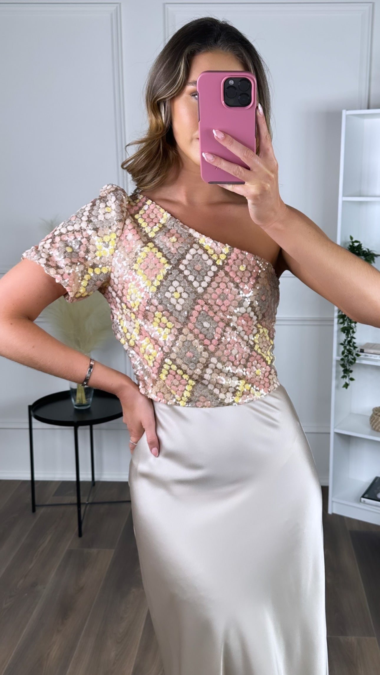 Marina Pink & Grey Multi One Shoulder Top – Get That Trend