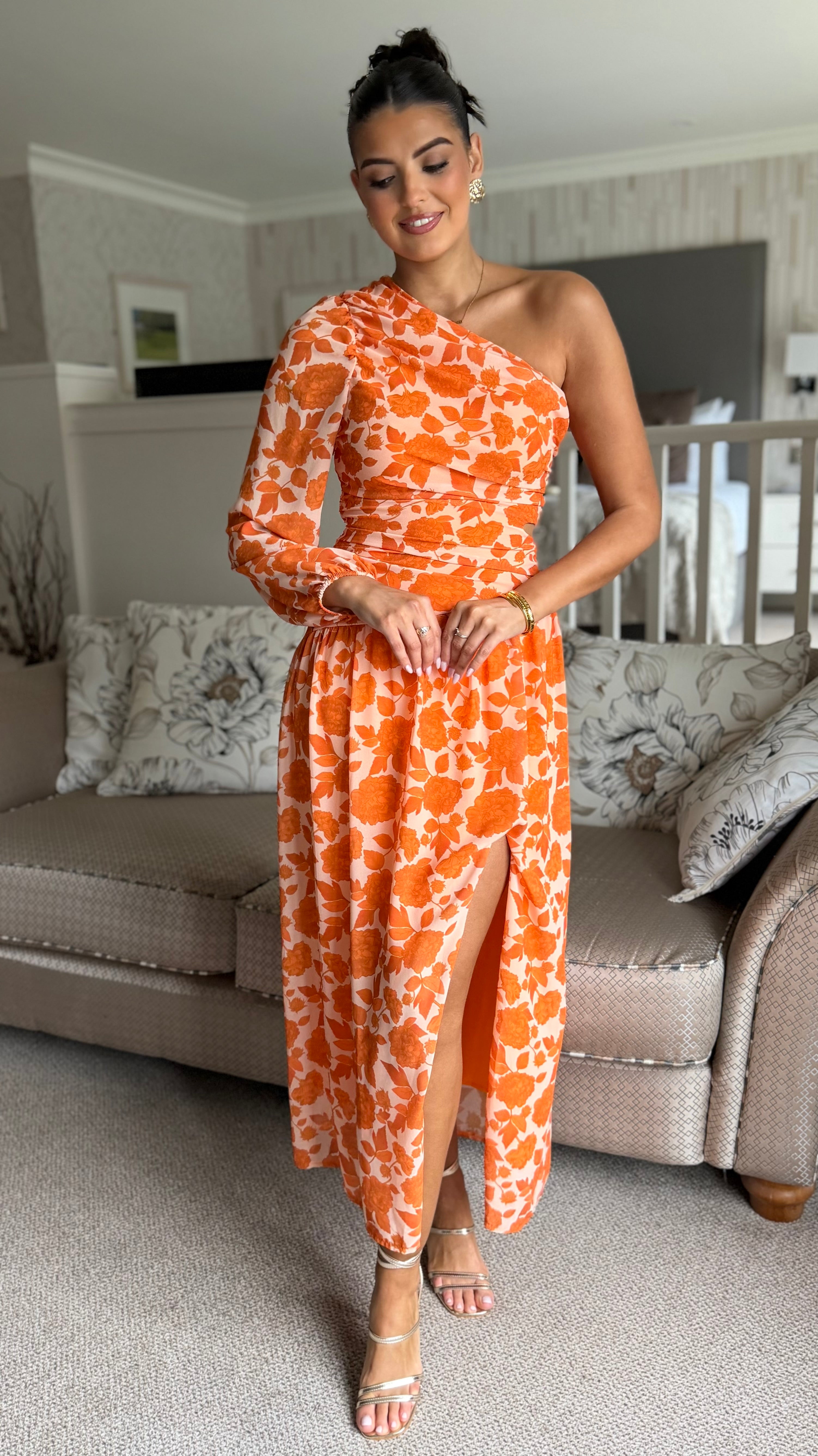 Parker Orange Floral Printed One Shoulder Ruched Midi Dress – Get That Trend