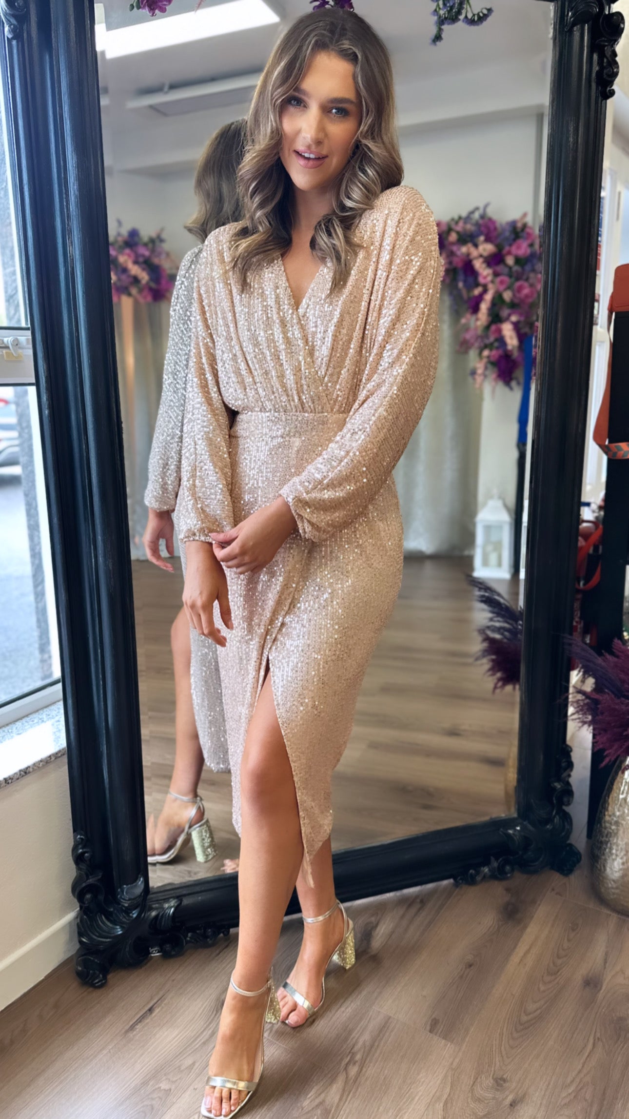 Gold Sequin Long Sleeve Midi Dress | Get That Trend