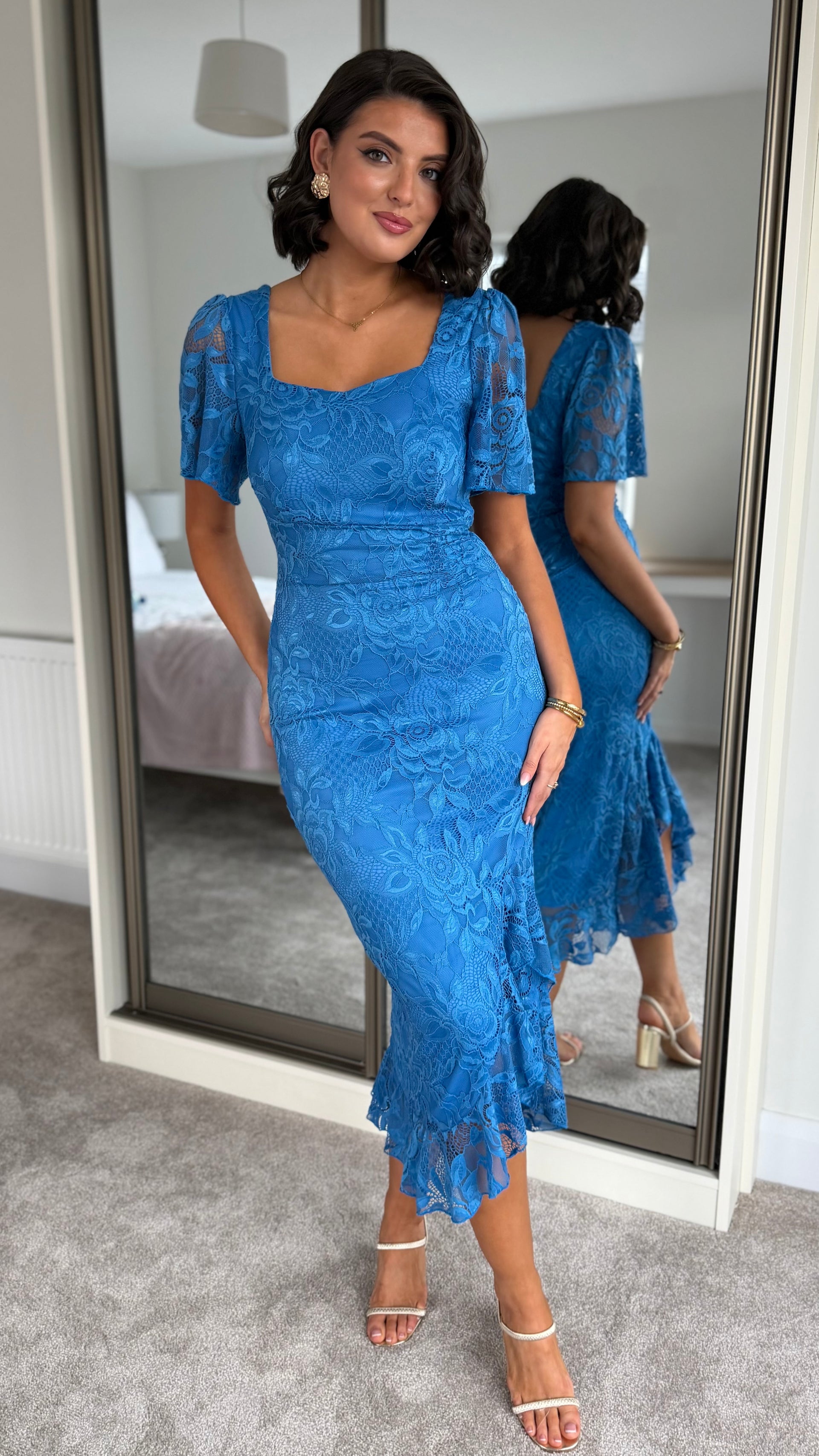 Alexis Blue Lace Ruched Midi Dress – Get That Trend