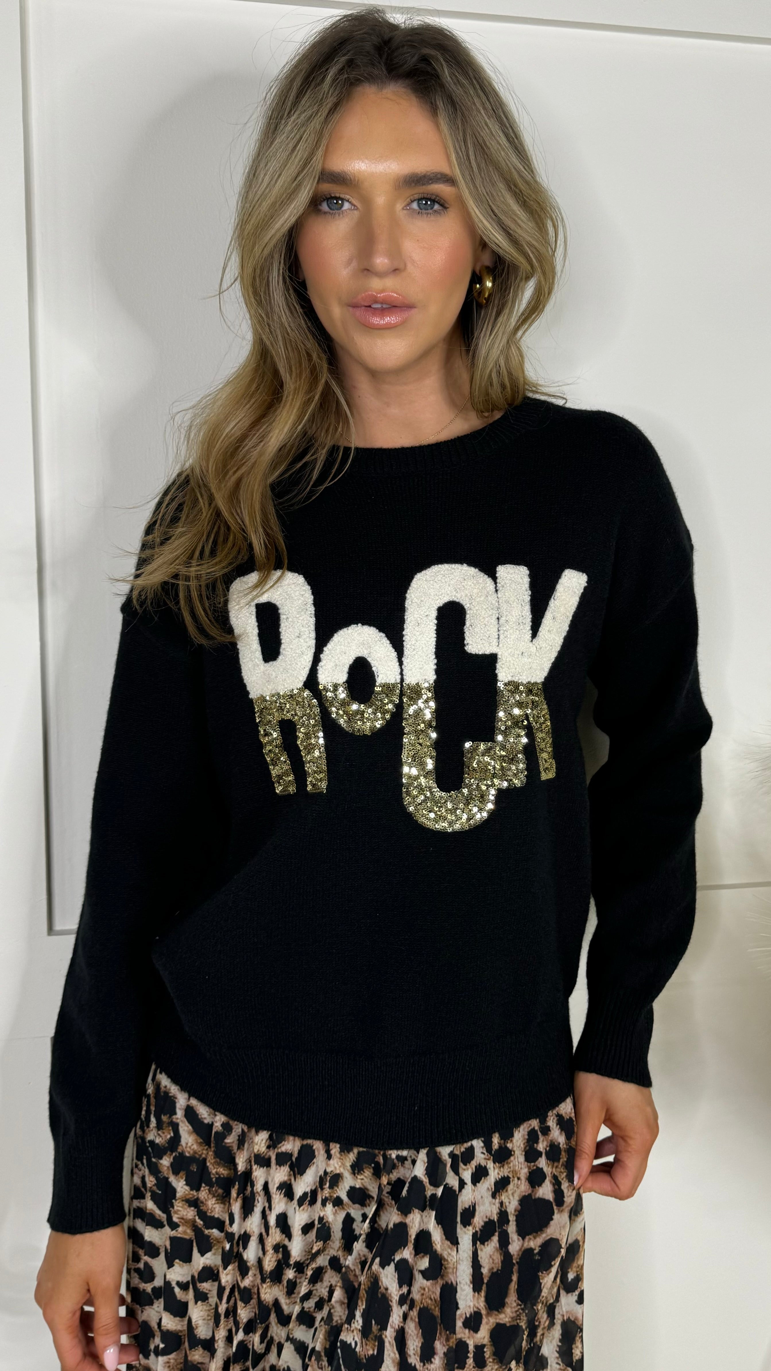 Gabriella Black ROCK Sequin Detail Slogan Jumper Get That Trend