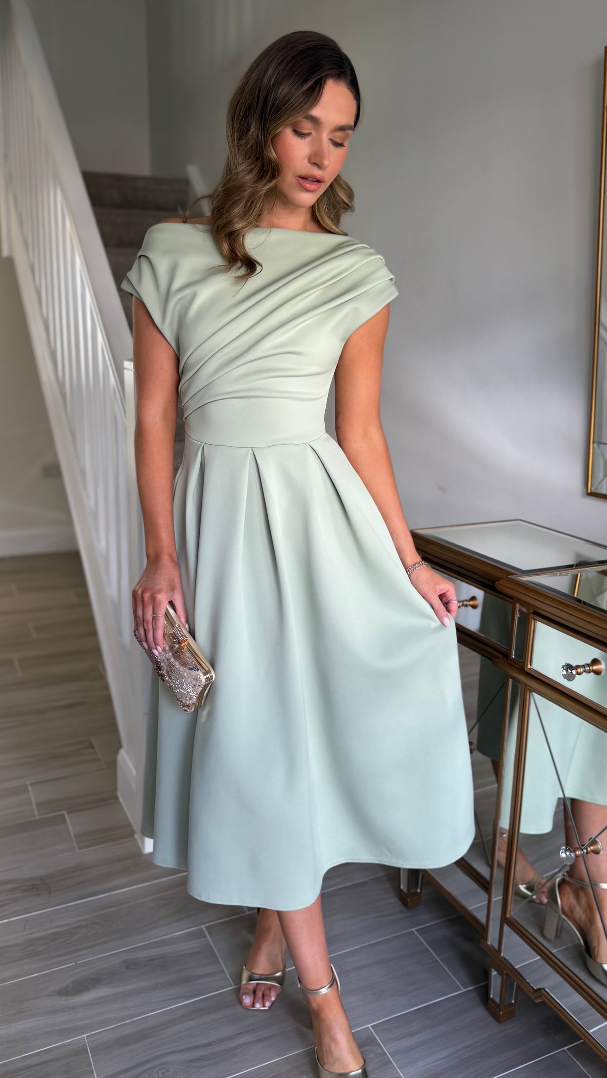 Jezebel Sage Green Asymmetric Neck Midi Dress – Get That Trend