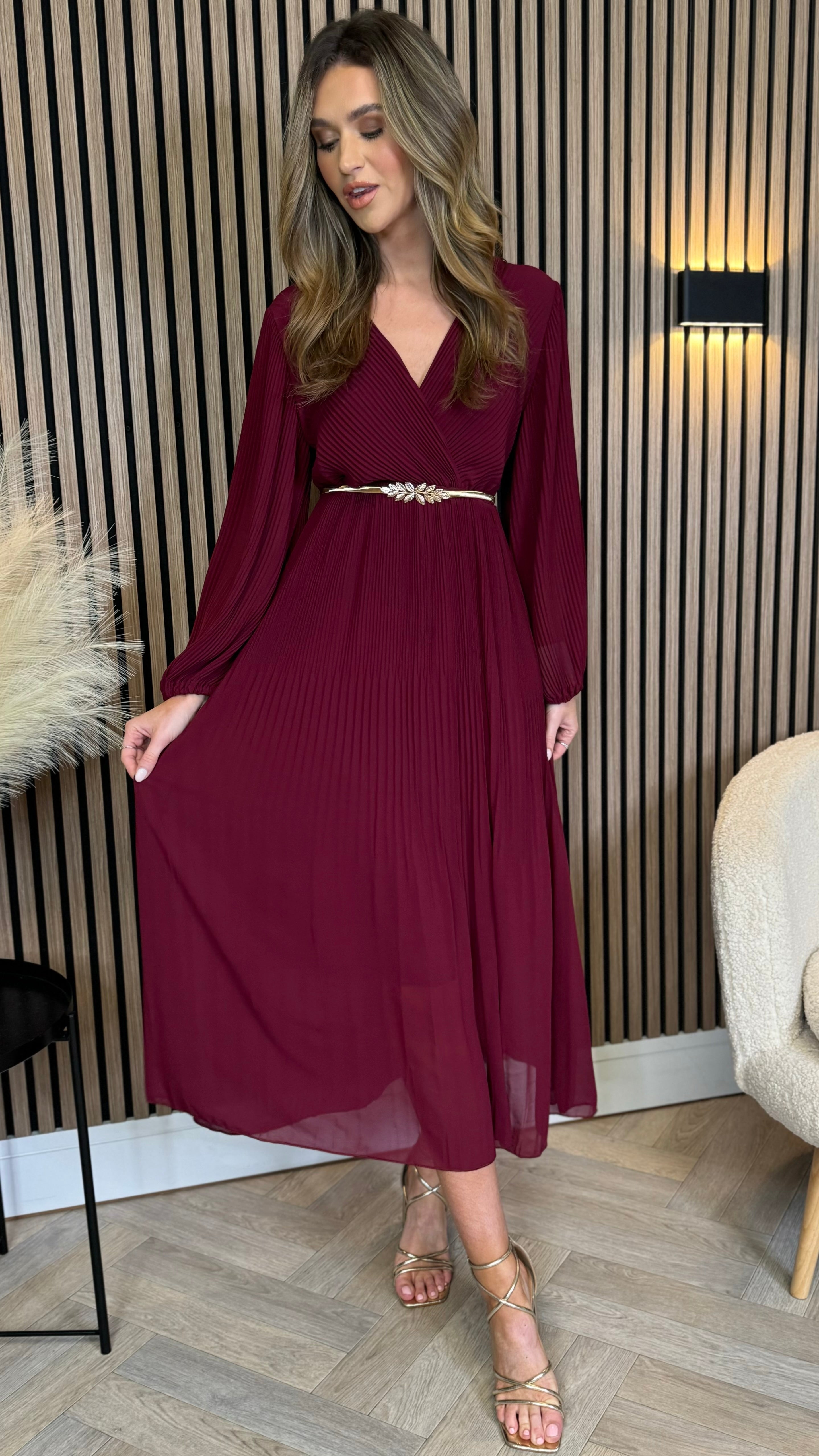 Denali Burgundy Long Sleeve Pleated Midi Dress Get That Trend