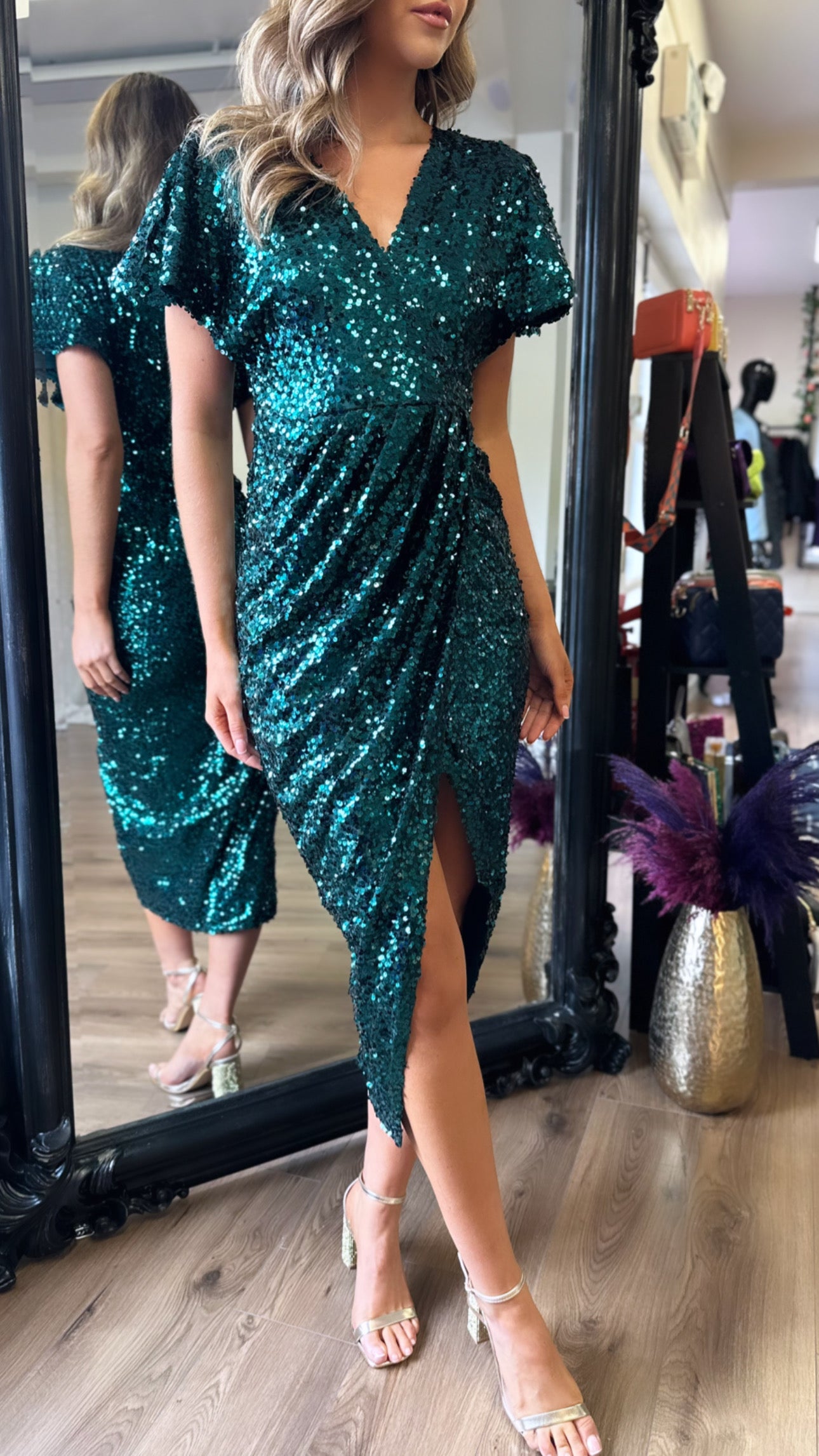 Green wrap sequin dress hotsell