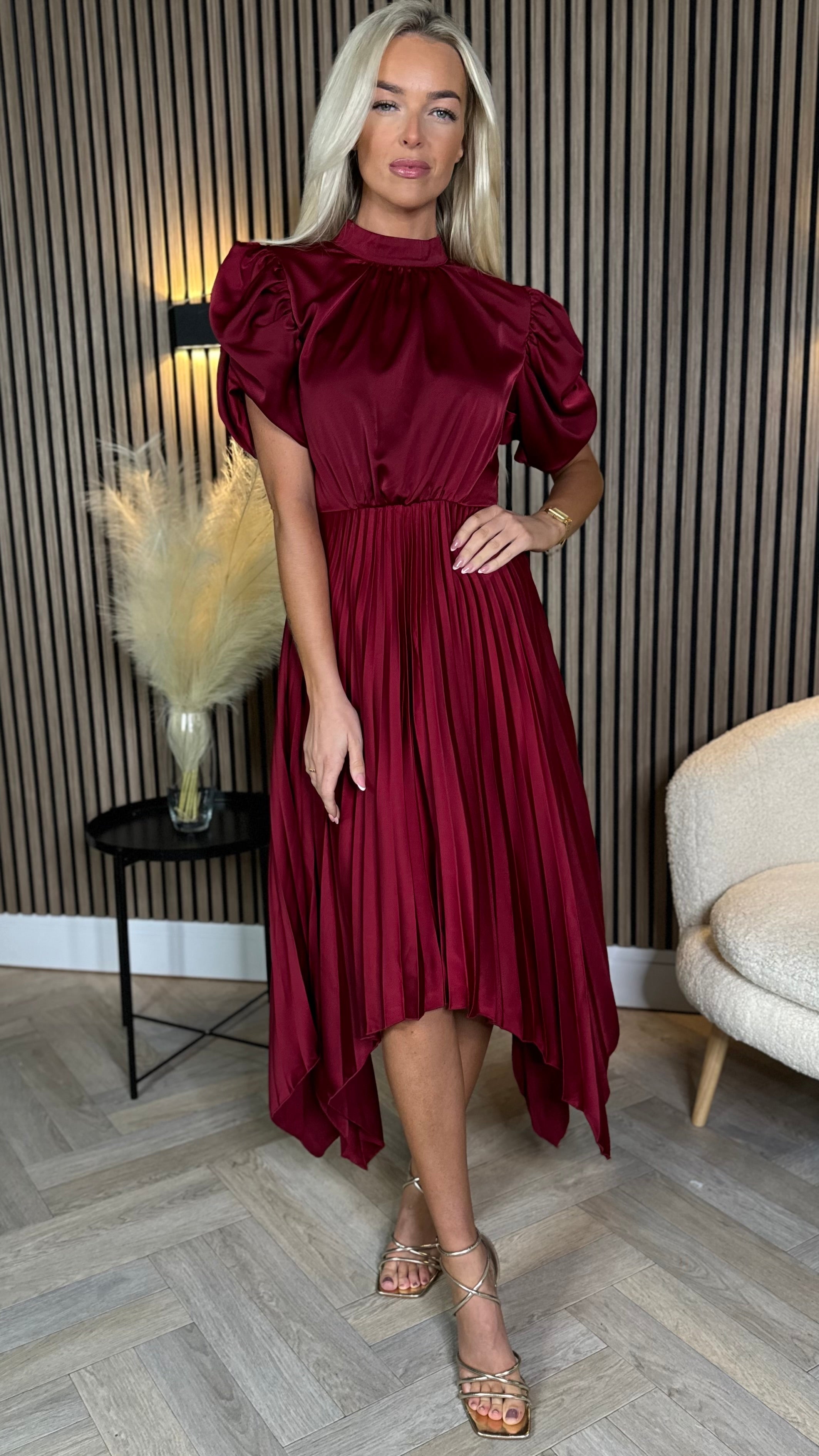 Cressida Burgundy High Neck Puff Sleeve Pleated Midi Dress – Get