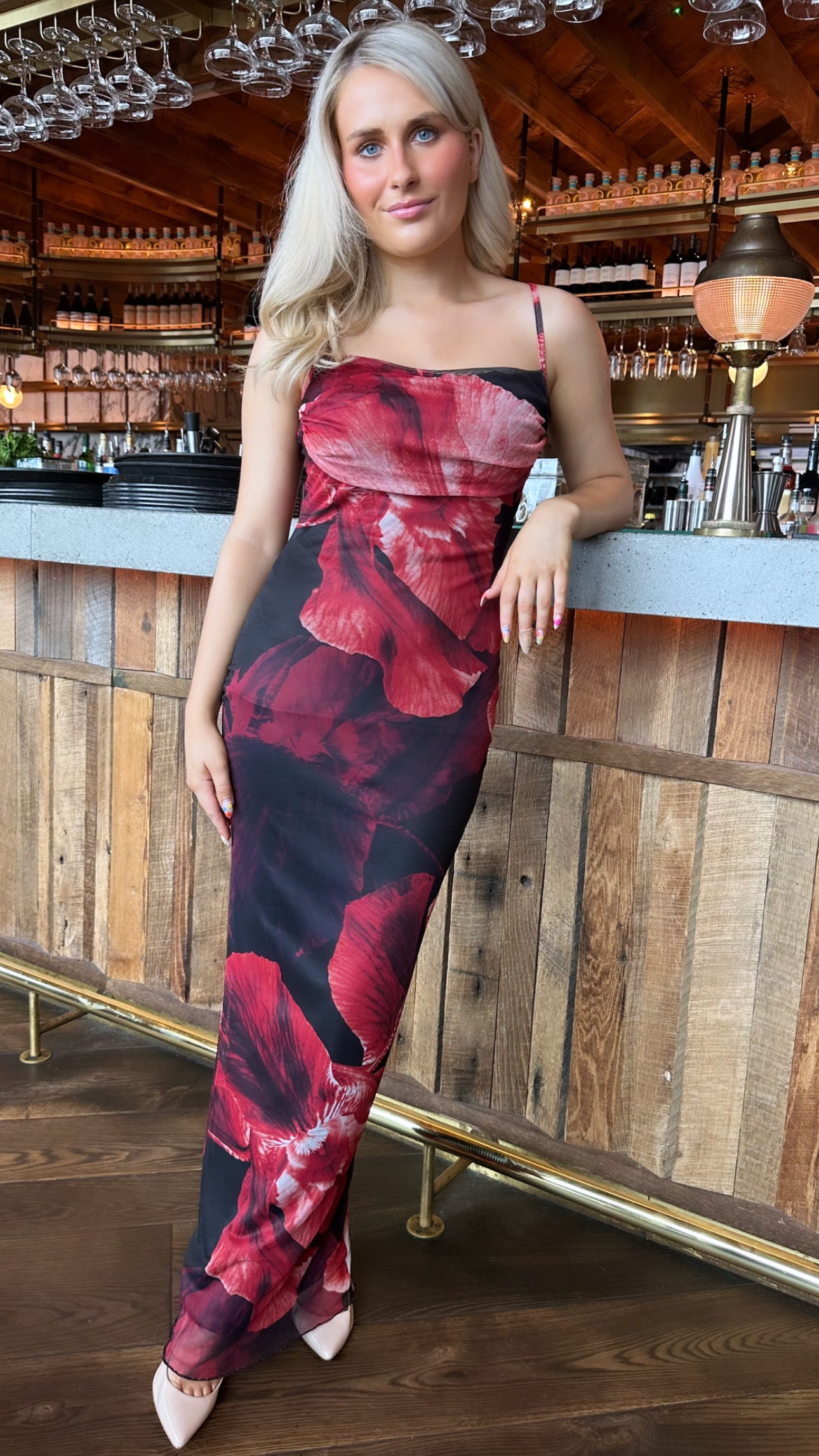 Leilani Strappy Mesh Maxi Dress in Black & Red Print – Get That Trend