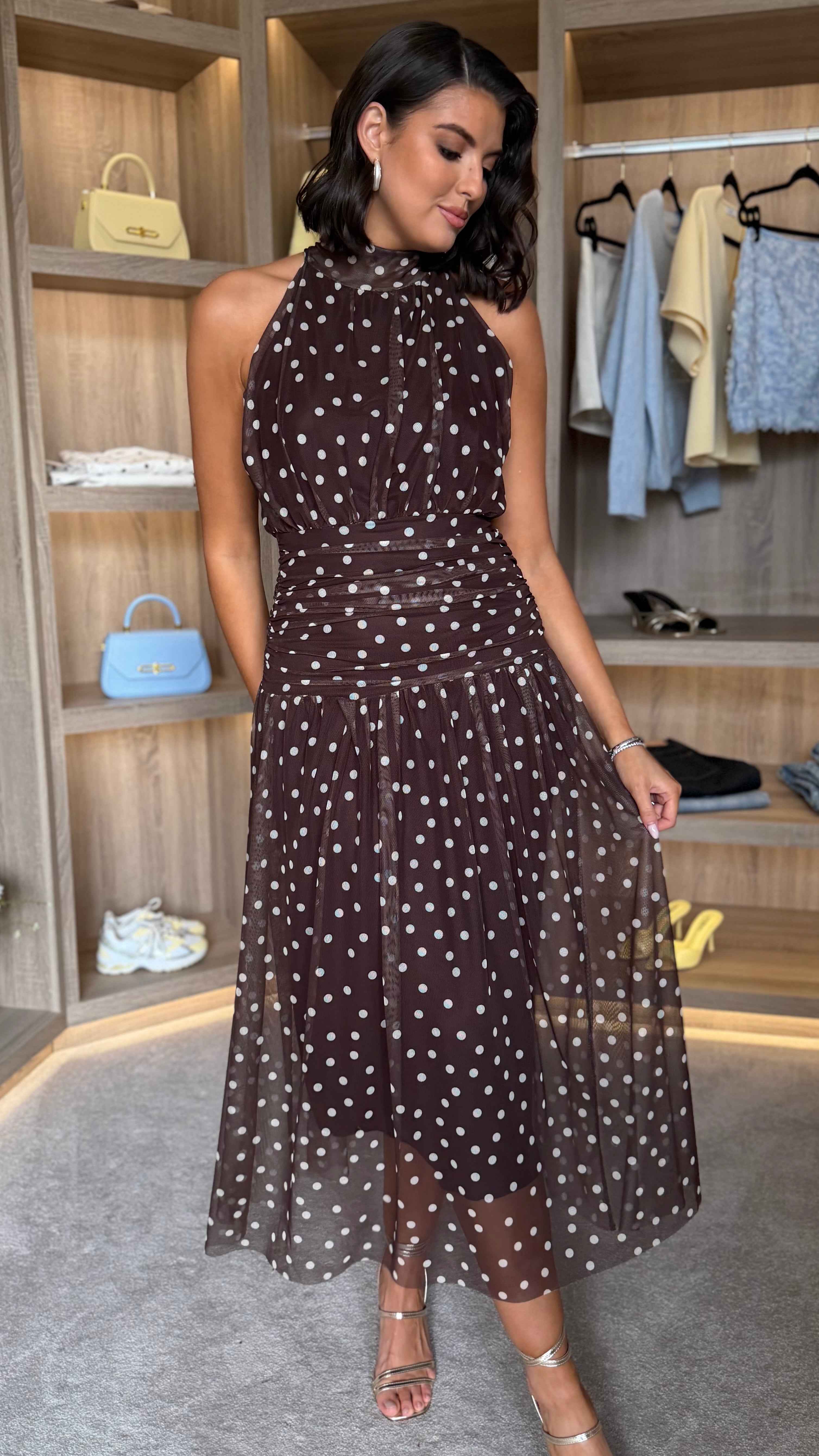 Bibi Brown Polka Dot High Neck Maxi Dress (PRE ORDER) Get That Trend Bibi Brown Polka Dot High Neck Maxi Dress (PRE ORDER) Get That Trend