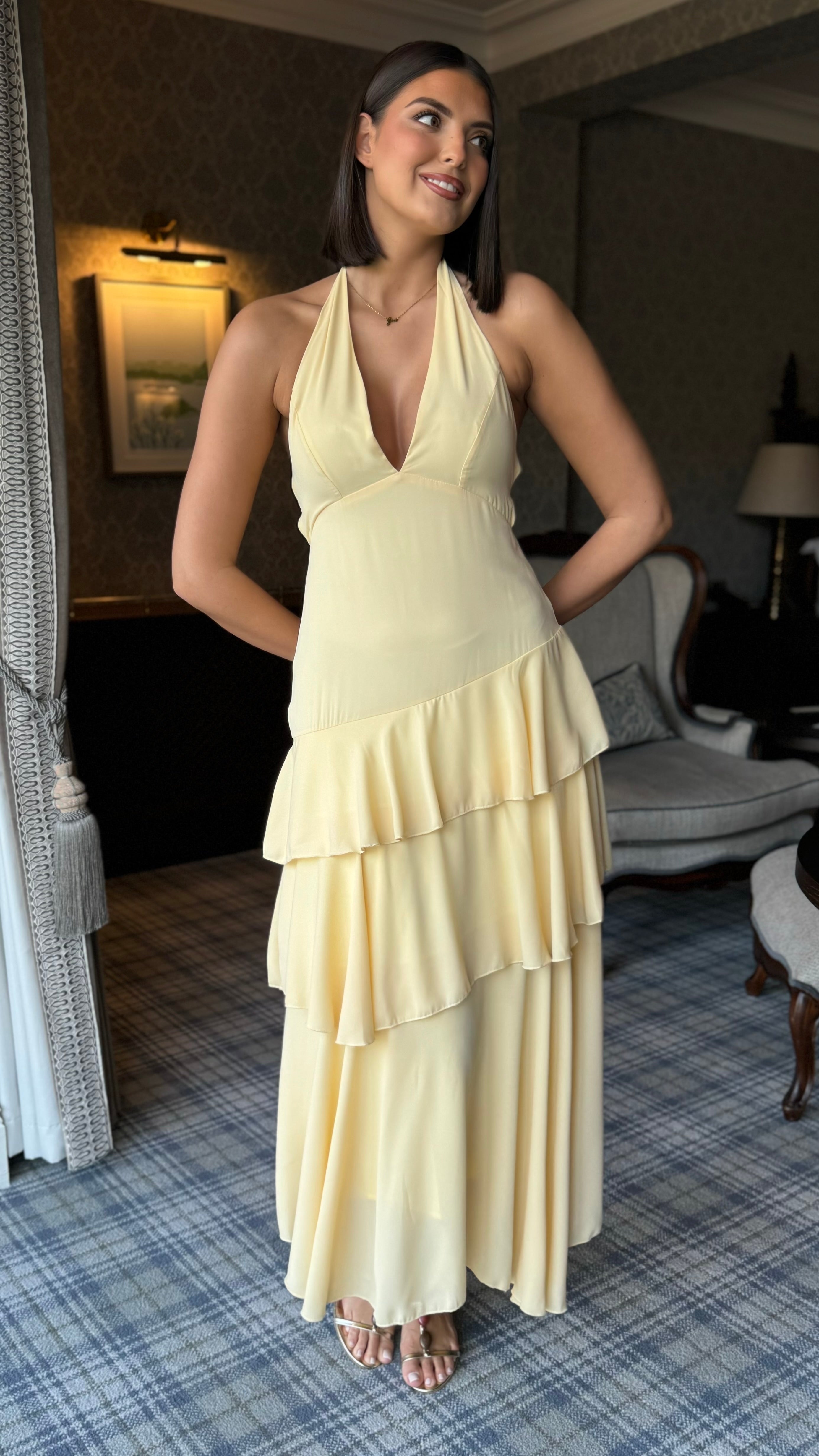 Lena Yellow Halterneck Tiered Backless Tie Detail Midi Dress – Get That  Trend
