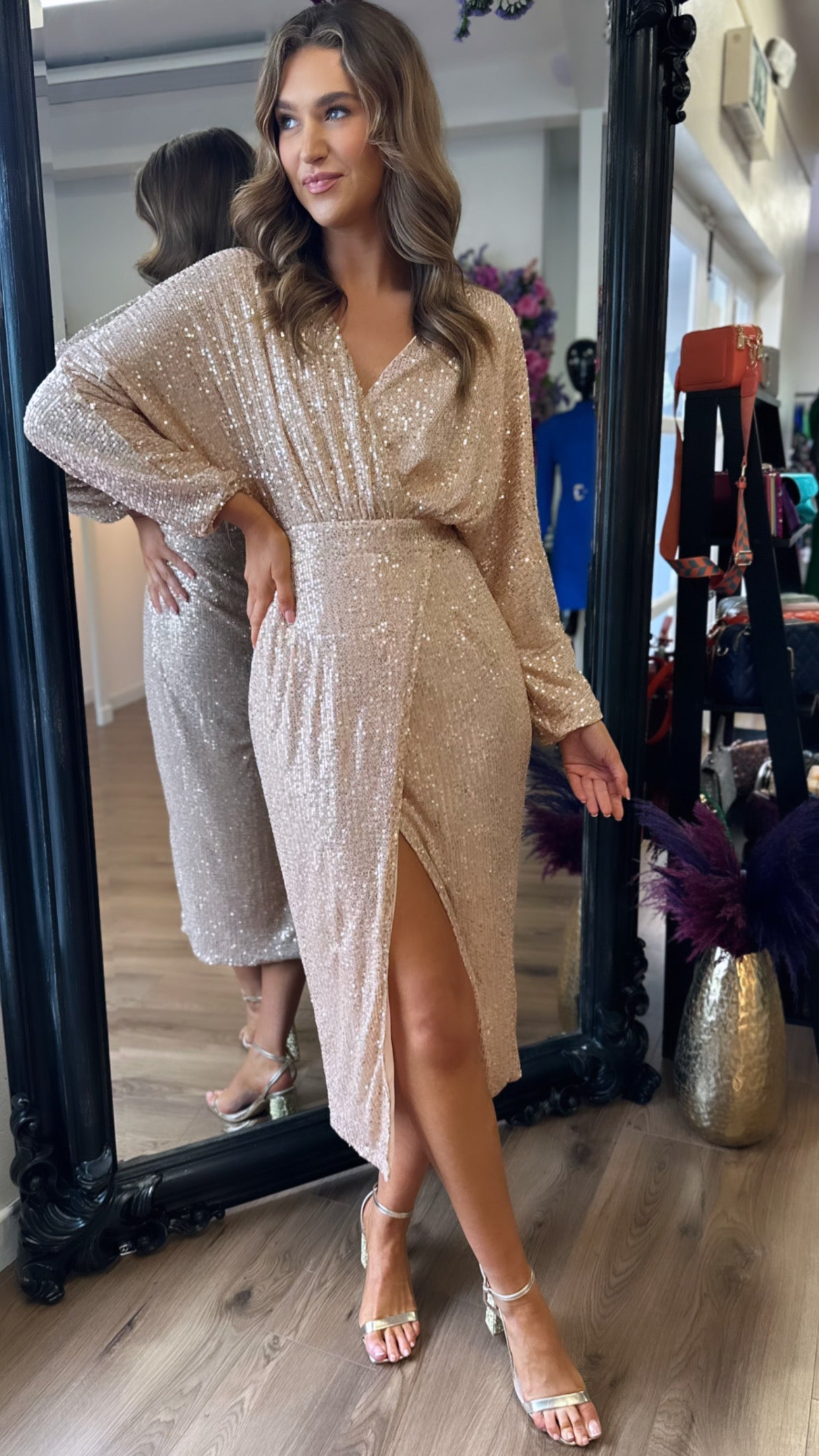 Gold Sequin Long Sleeve Midi Dress | Get That Trend