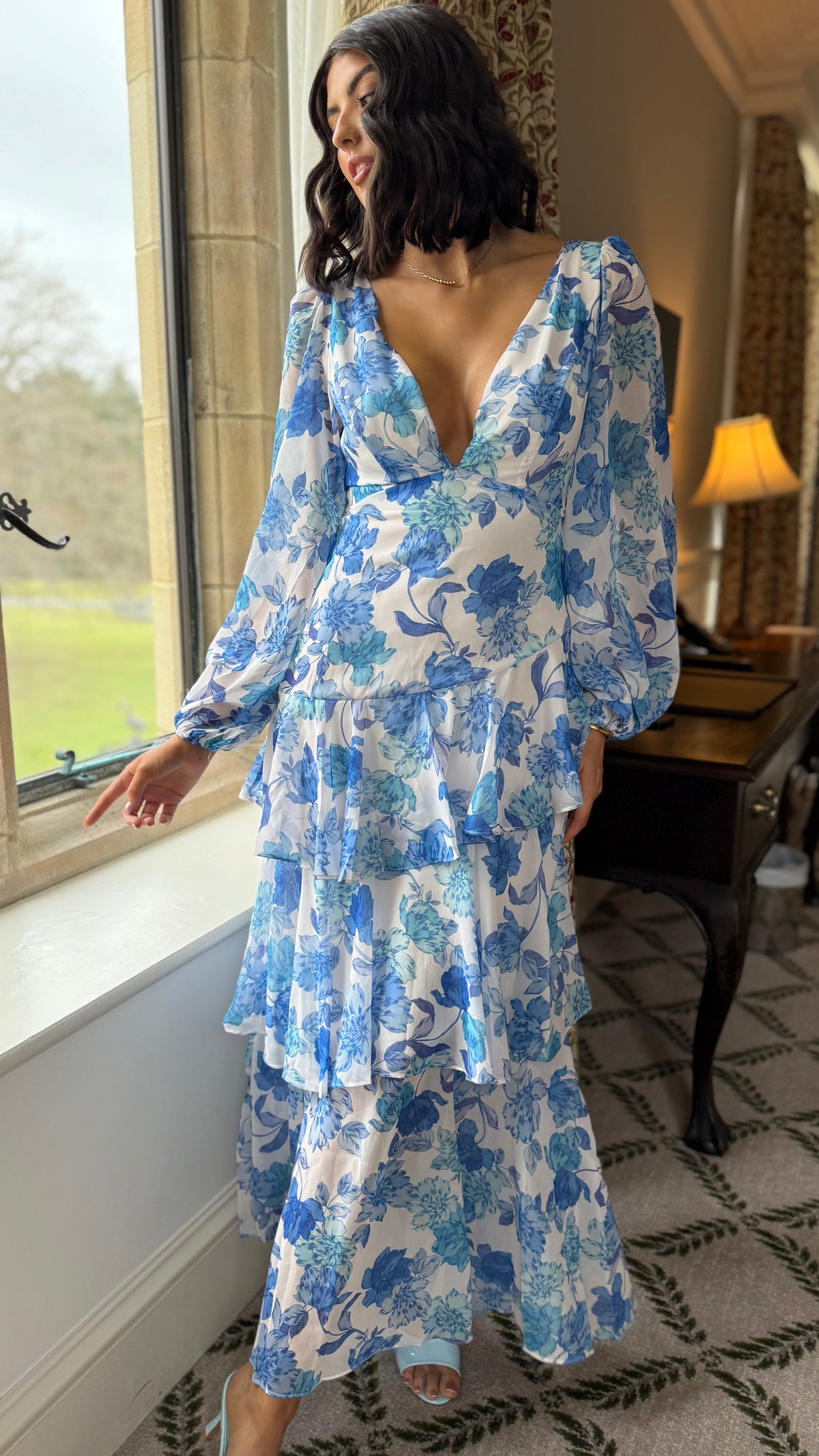 zaphia floral long sleeve tiered dress Mariah Blue Floral Tie Back Long Sleeve Tiered Maxi Dress – Get That Trend