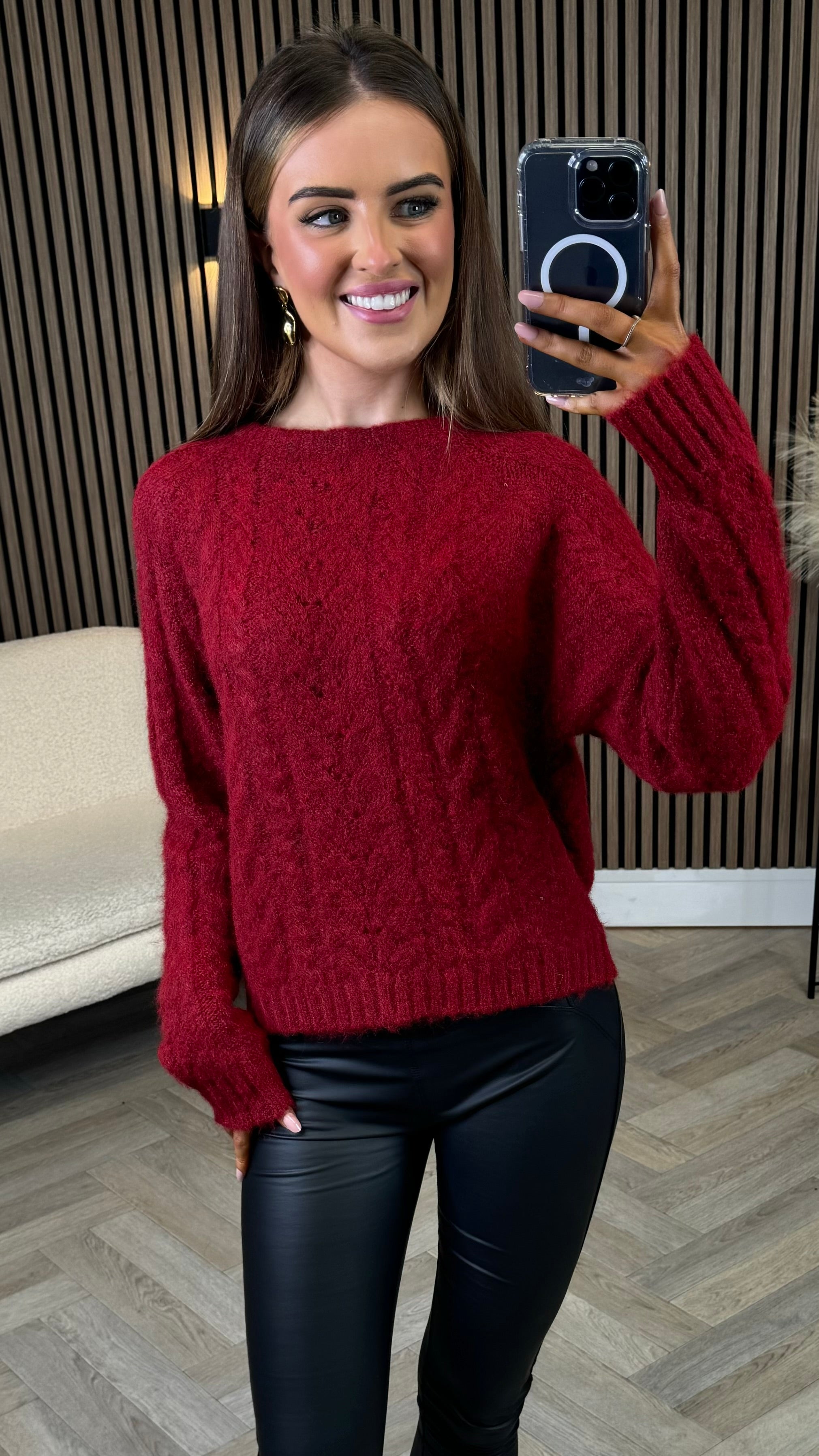 Macy Burgundy Detailed Print Chunky Knit Jumper Get That Trend