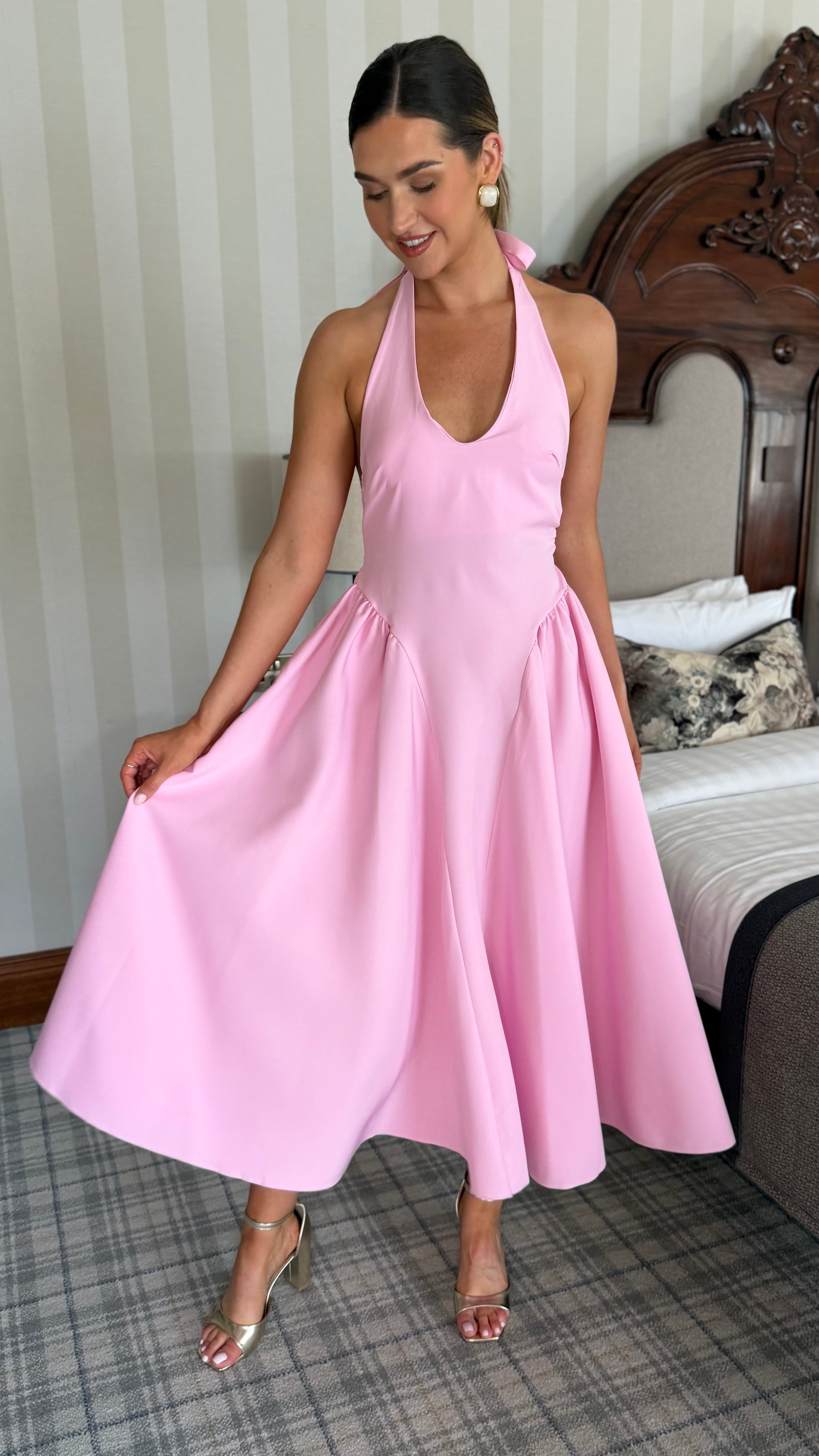 Lucy Pink Halter Neck Midi Dress  Get That Trend