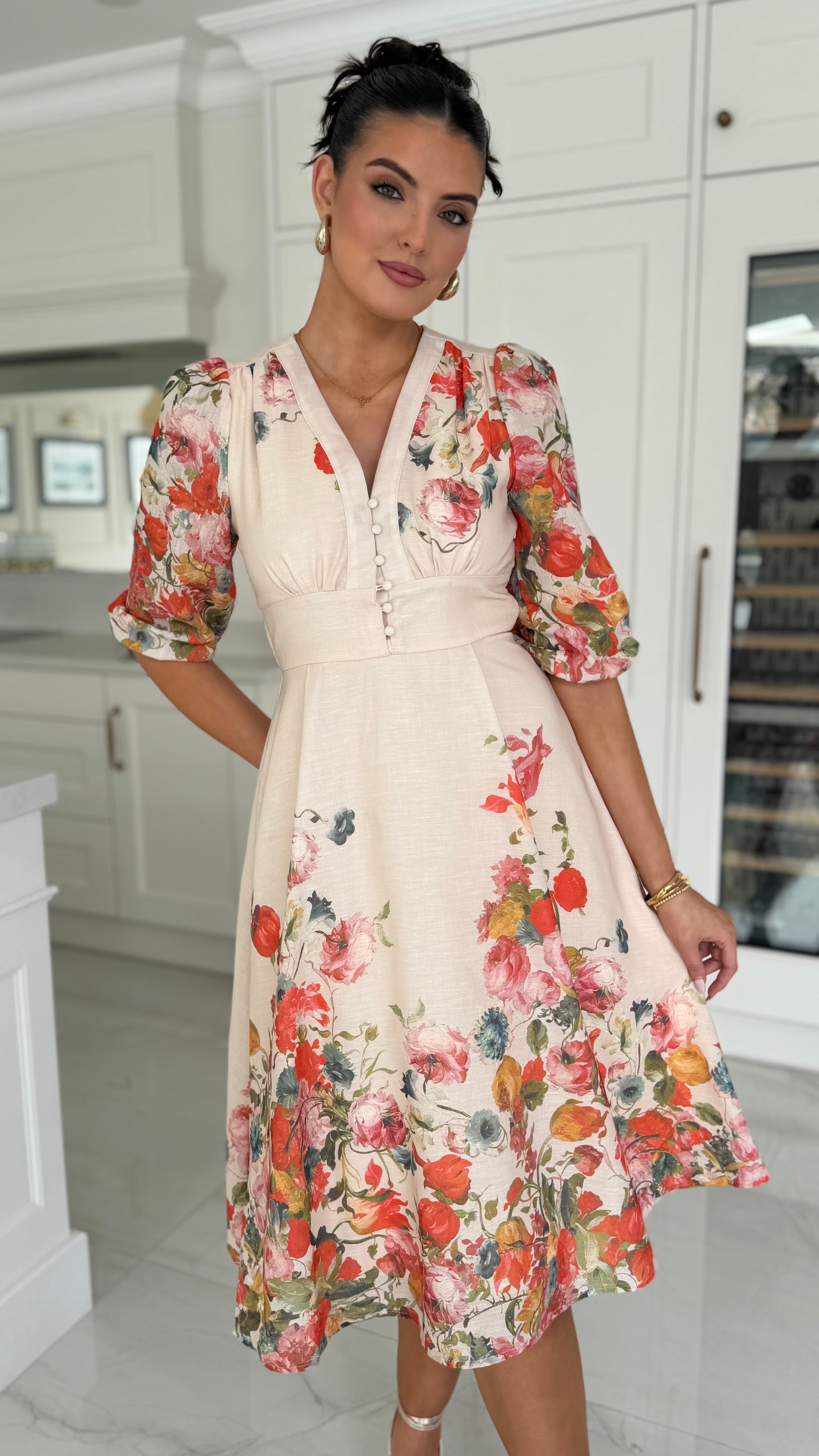 Selene Beige & Red Floral Long Sleeve Midi Dress  Get That Trend