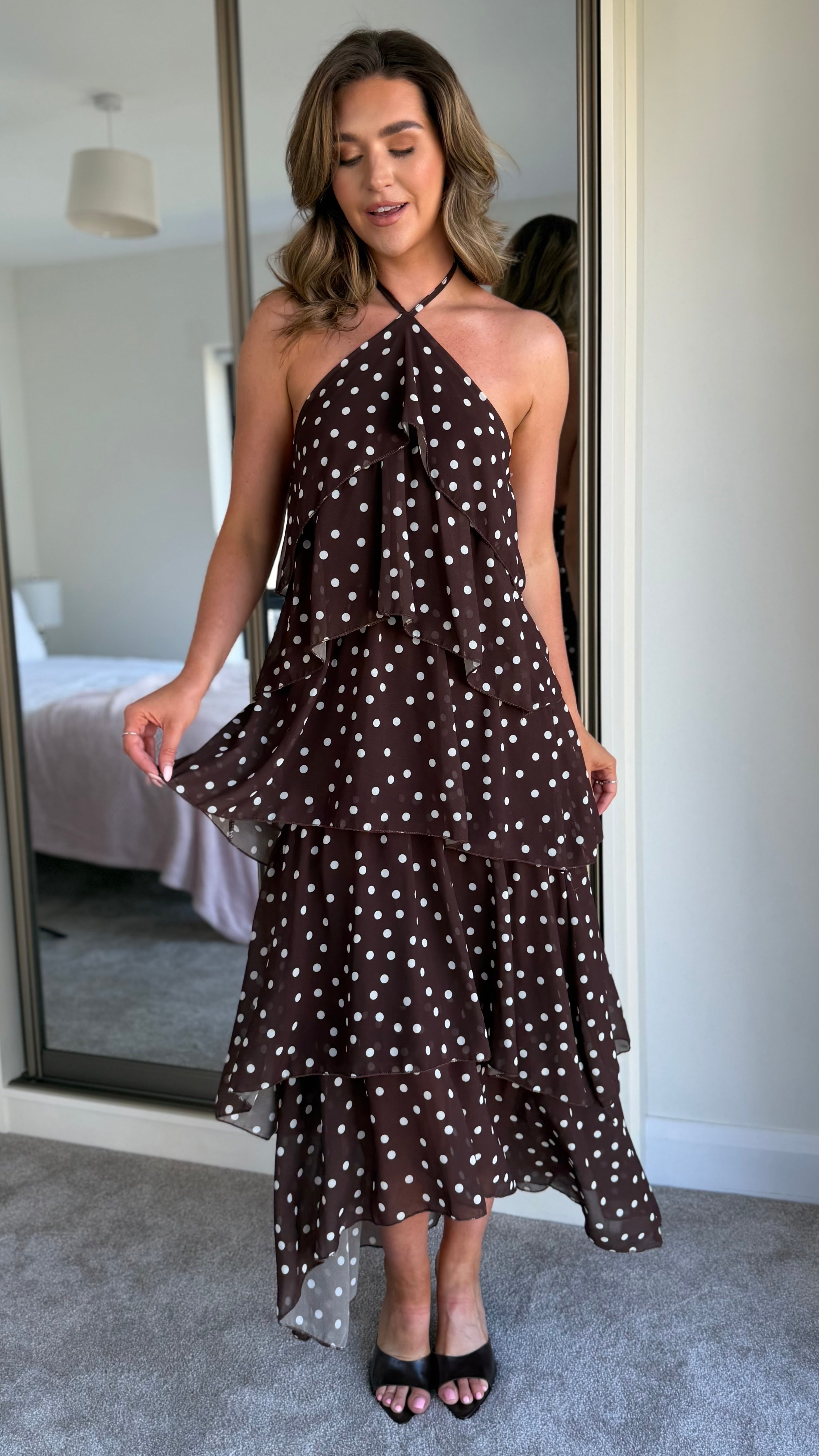 Amara Brown Polka Dot Tiered Maxi Dress Get That Trend Amara Brown Polka Dot Tiered Maxi Dress Get That Trend