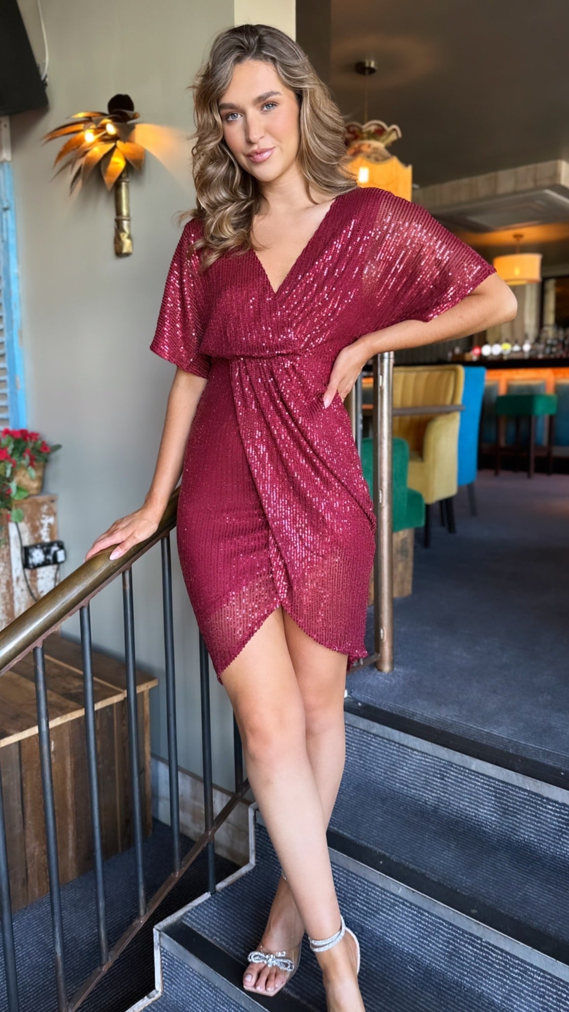 Poe Burgundy Sequin Wrap Midi Dress – Get That Trend