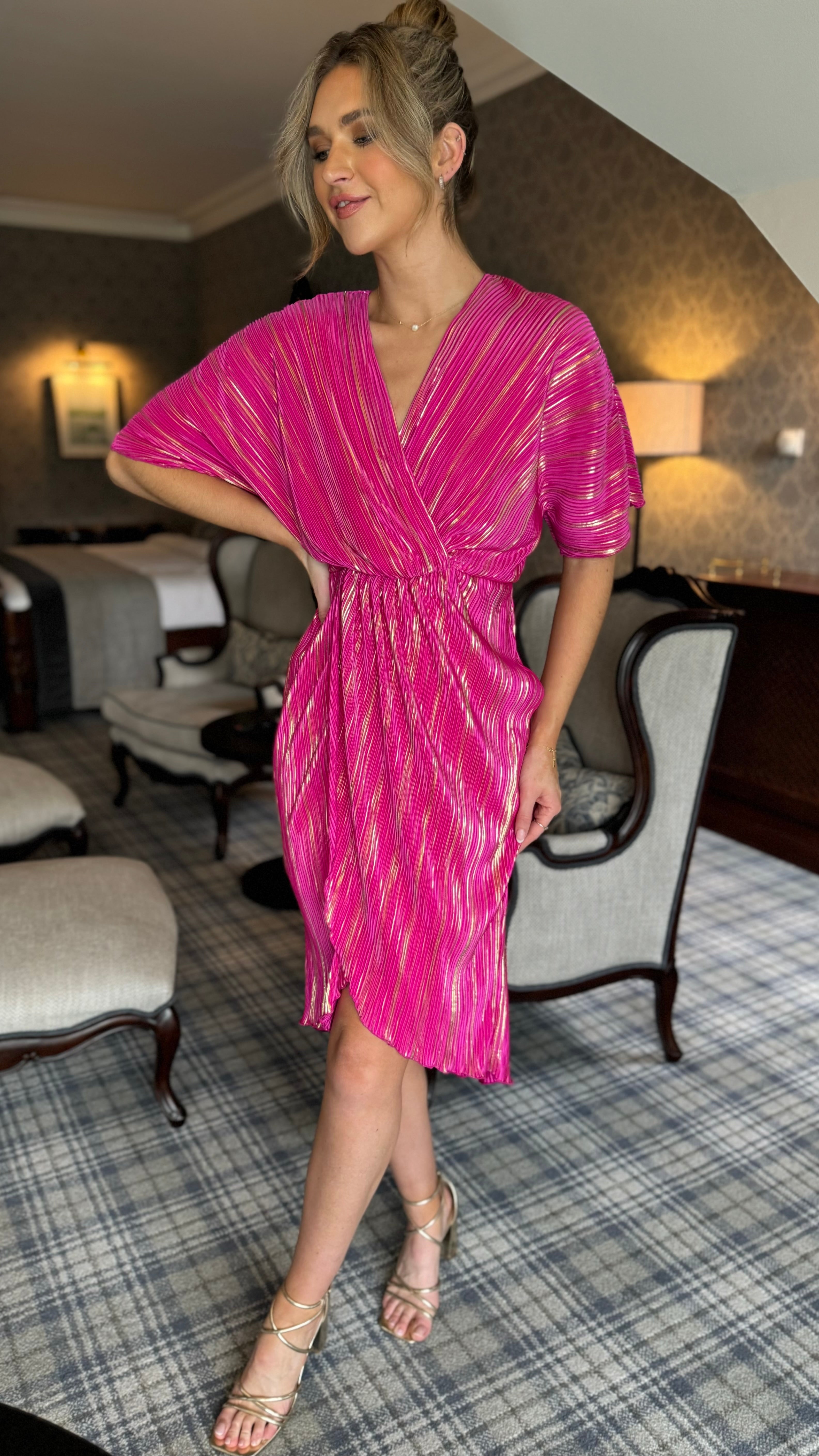 Dionne Hot Pink Wrap Detail Midi Dress Get That Trend