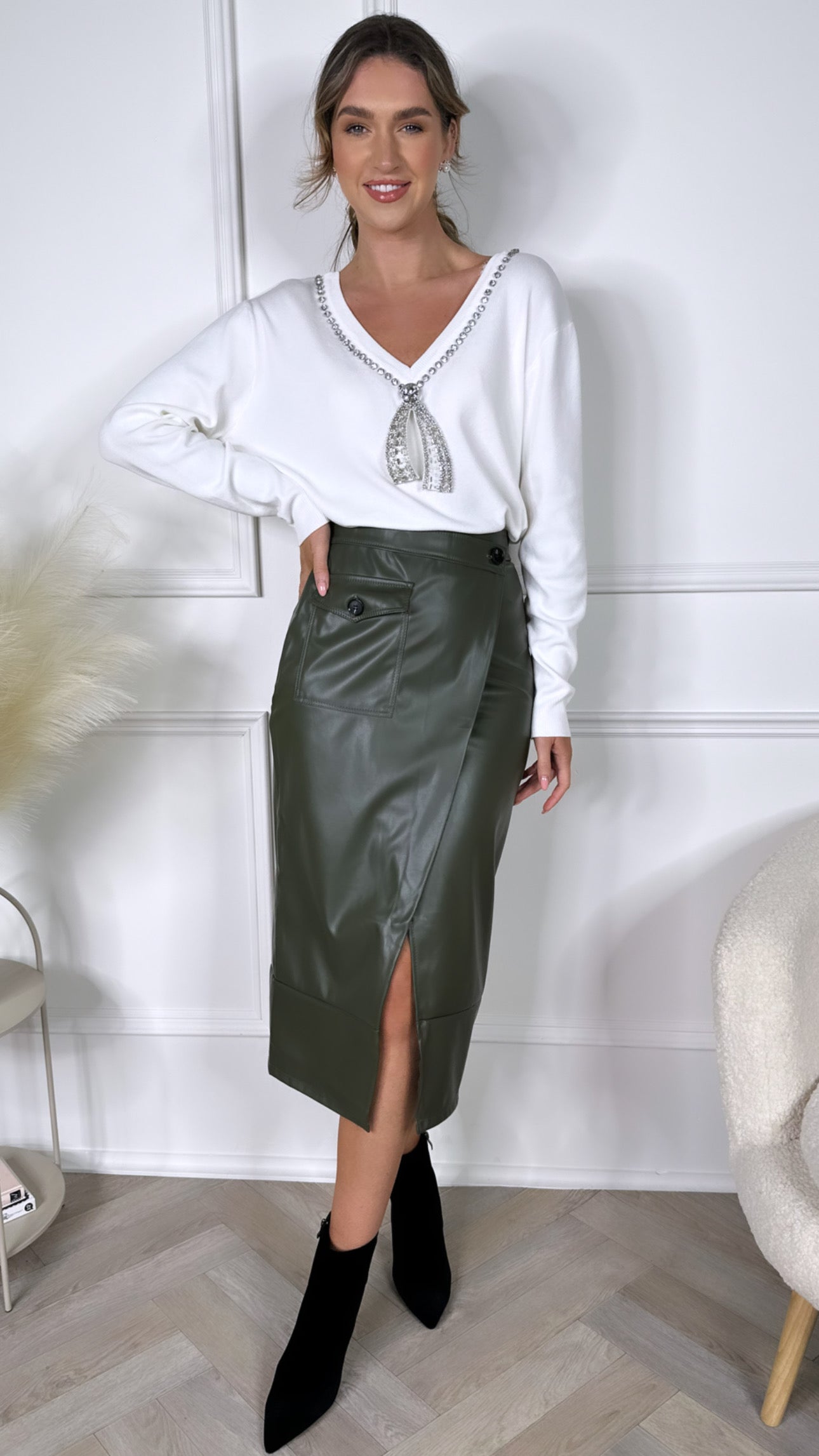 Leather skirt khaki best sale