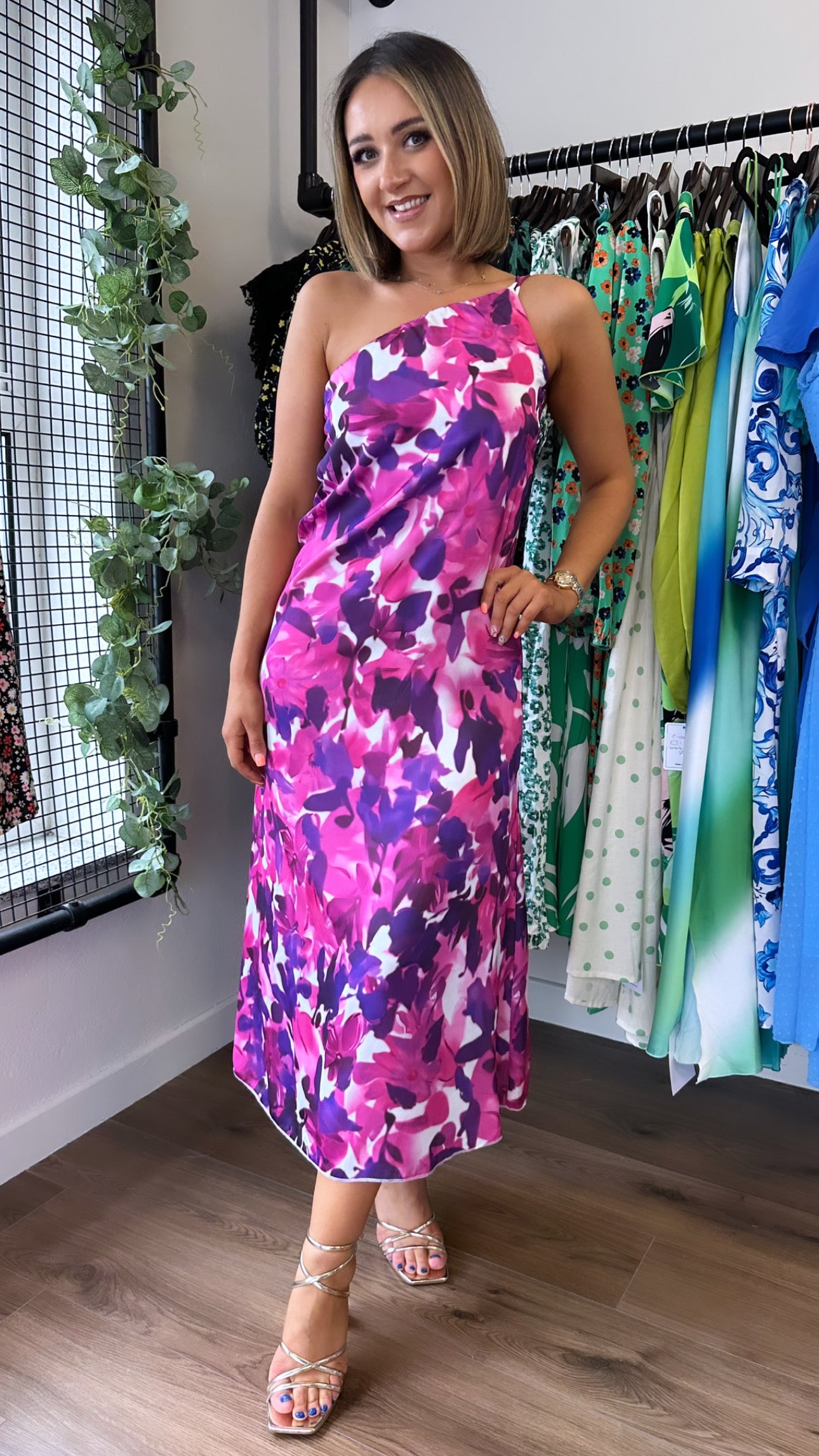 Pink floral one shoulder 2024 dress