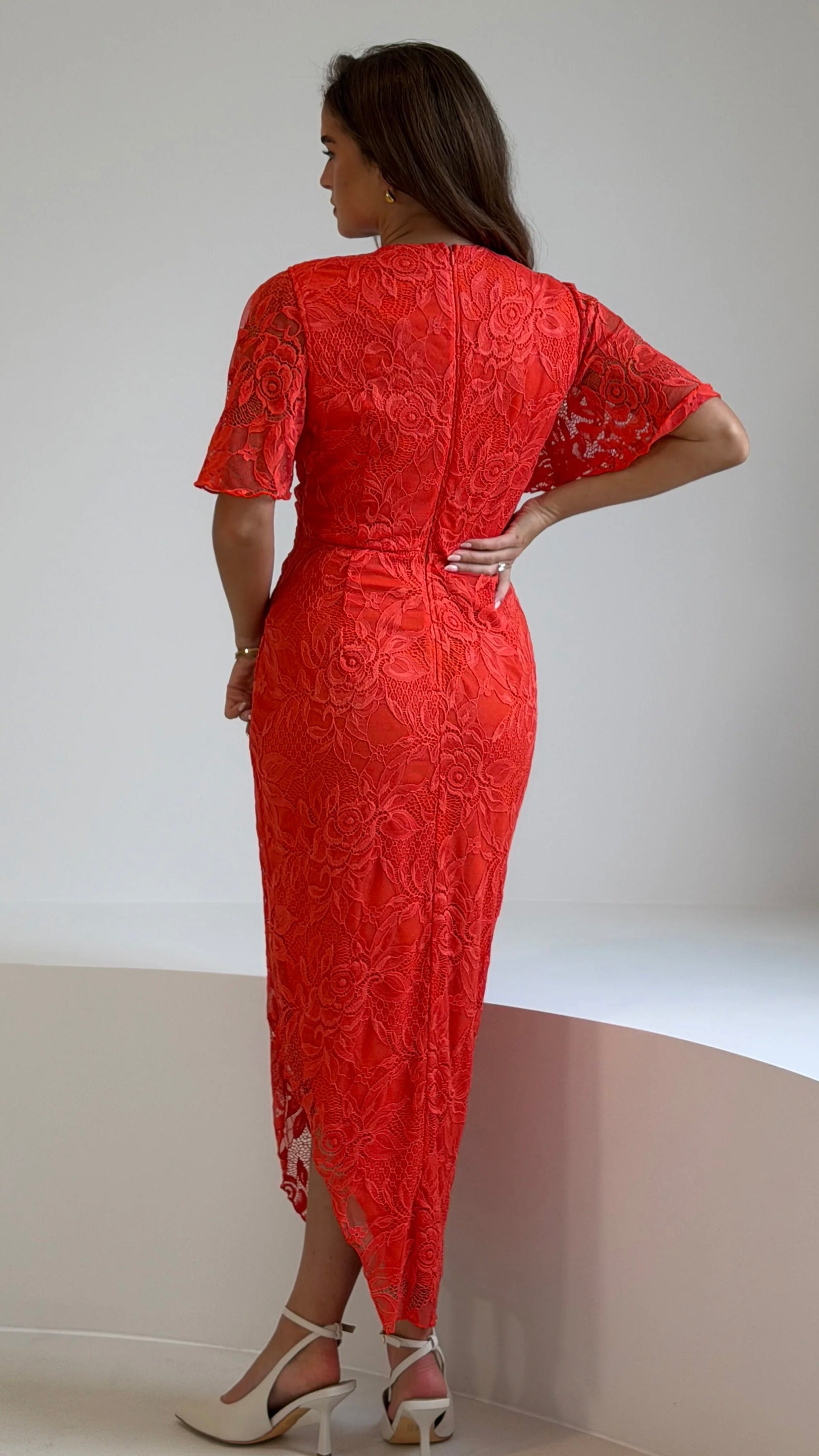 Jackie Orange V Neck Lace Midi Dress (PRE-ORDER)  Get That Trend
