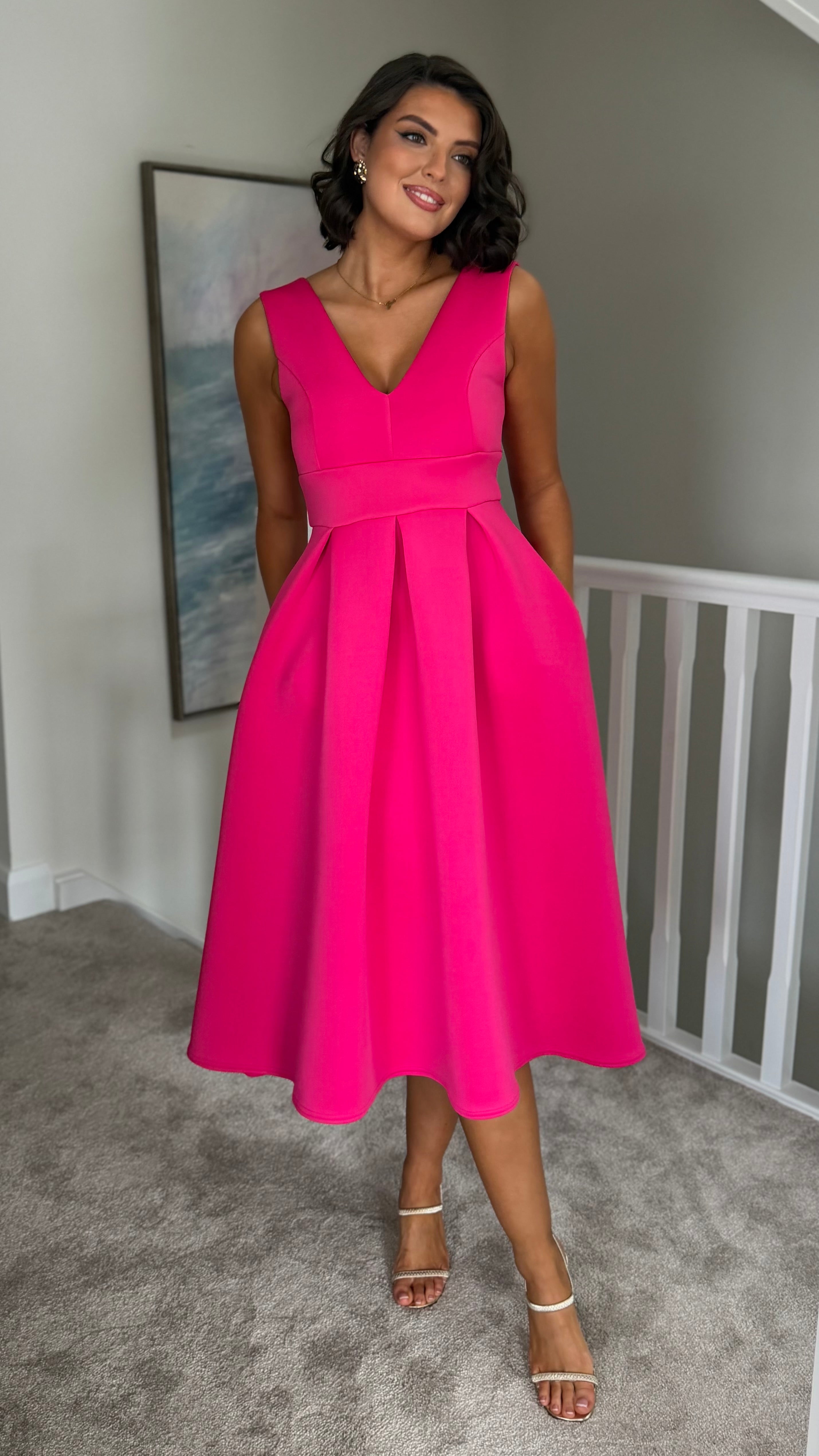 Summer Hot Pink V Neck Skater Dress Get That Trend Summer Hot Pink V Neck Skater Dress Get That Trend