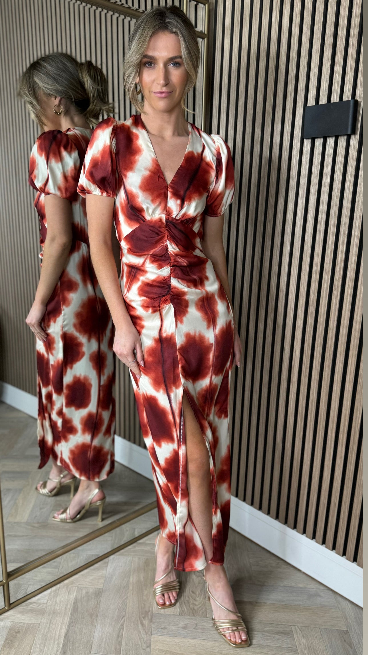 Carlota Rust Printed Puff Sleeve Front Split Midi Dress Get That Trend