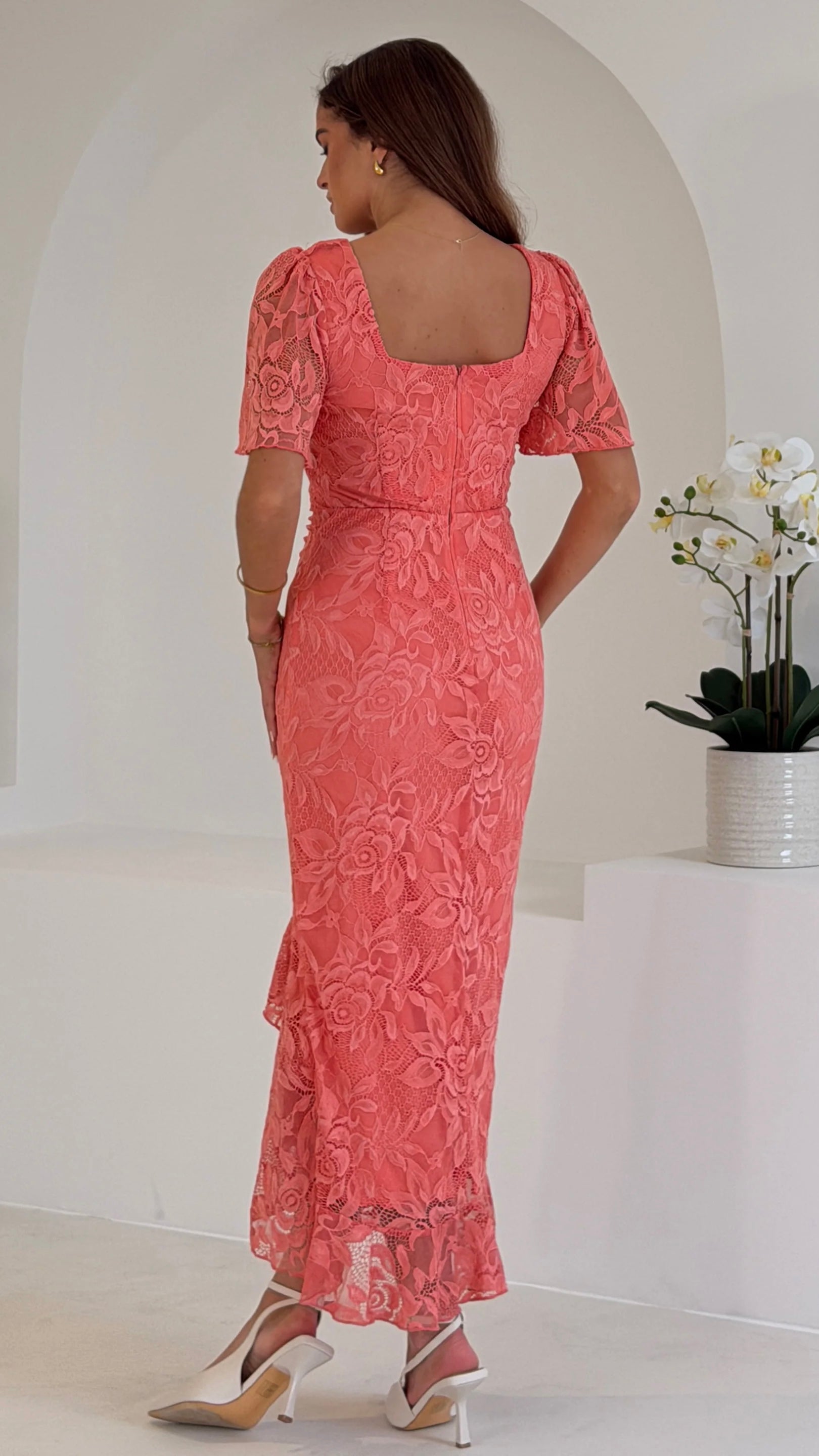 Helen Coral Lace Ruched Midi Dress (PRE-ORDER)  Get That Trend