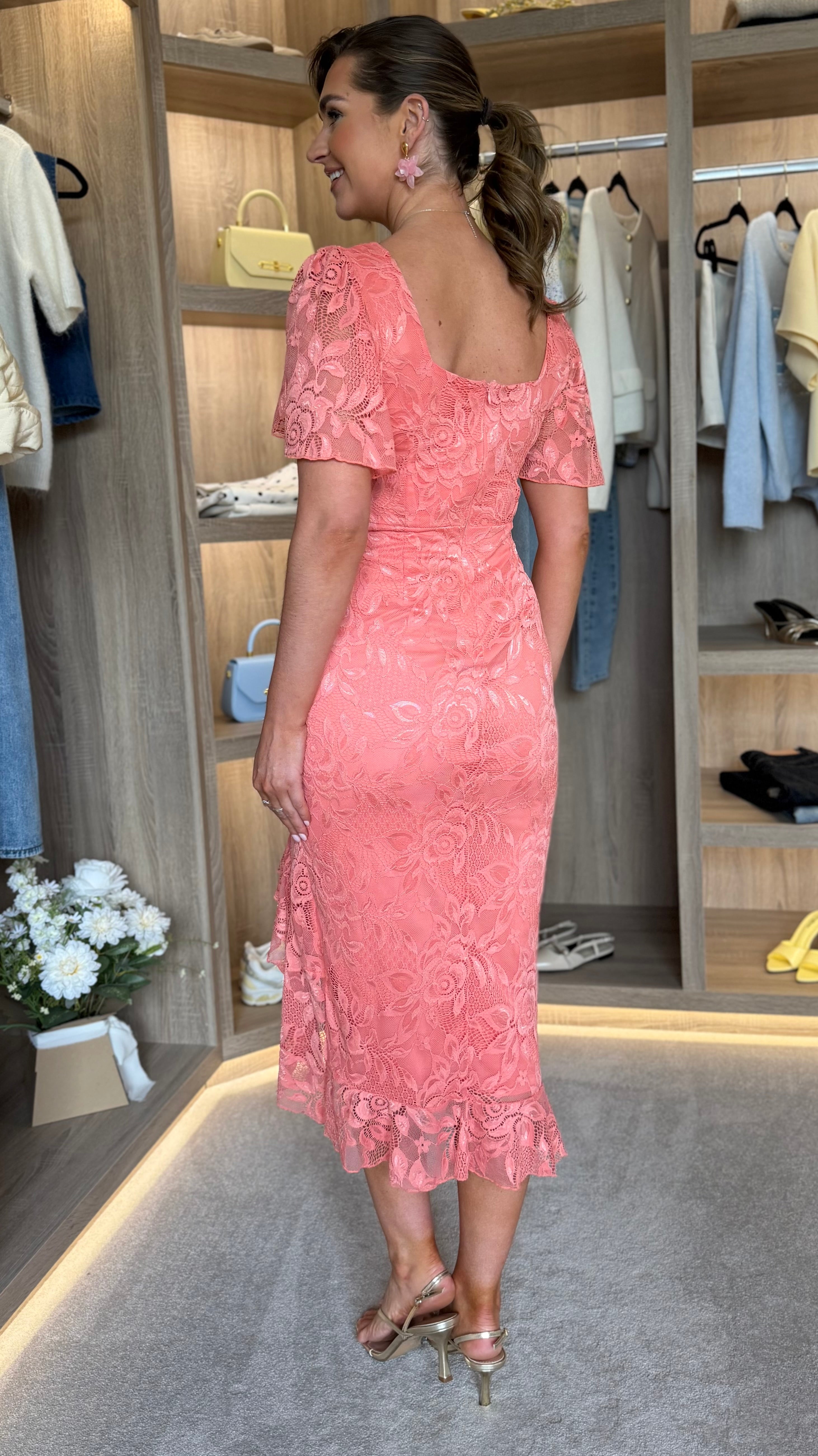knee length dresses for ladies Helen Coral Lace Ruched Midi Dress – Get That Trend