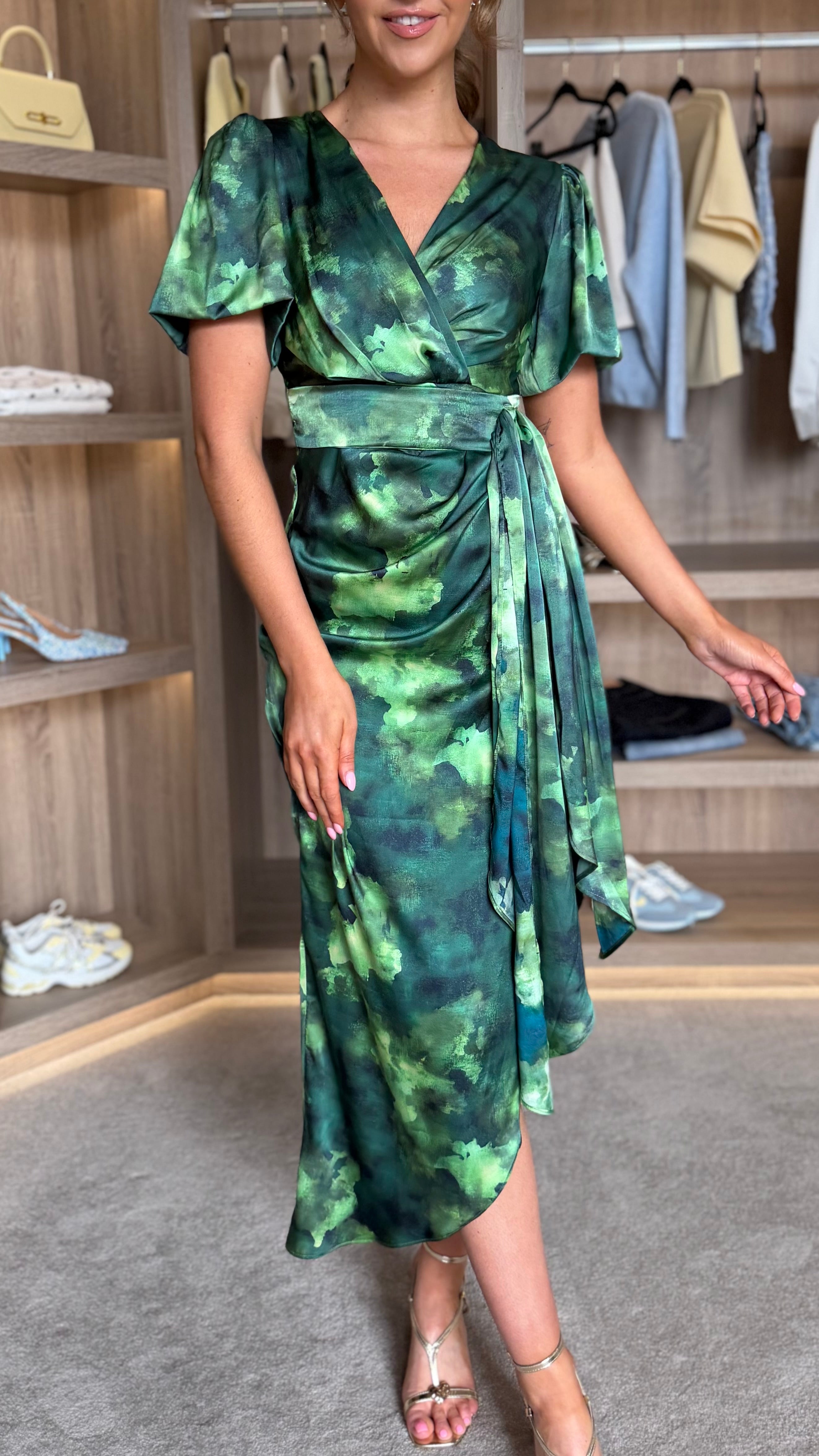 Odabelle Green Printed Puff Sleeve Midi Dress Get That Trend Odabelle Green Printed Puff Sleeve Midi Dress Get That Trend